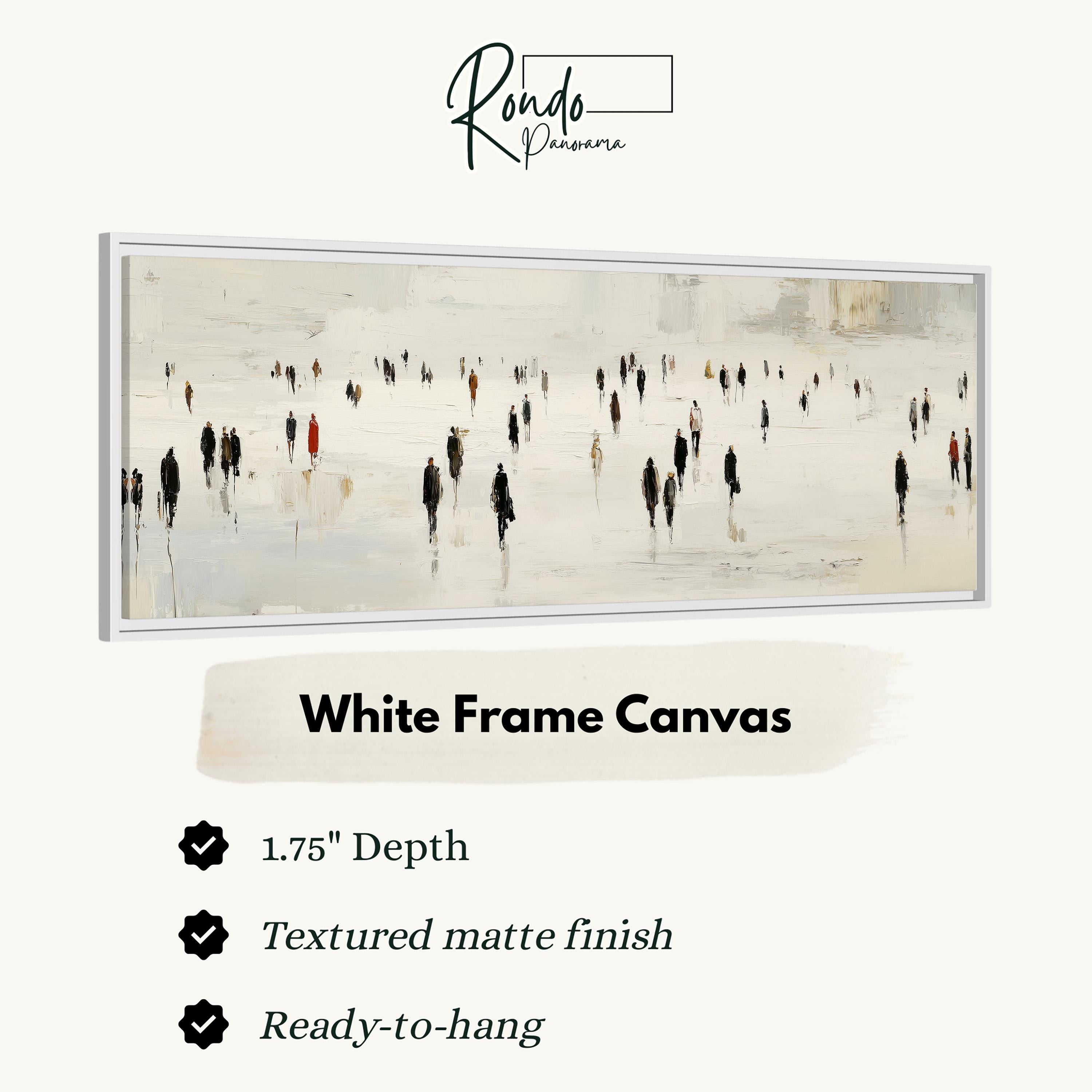 The image is a white frame canvas depicting a snowy landscape with a group of people walking across it.