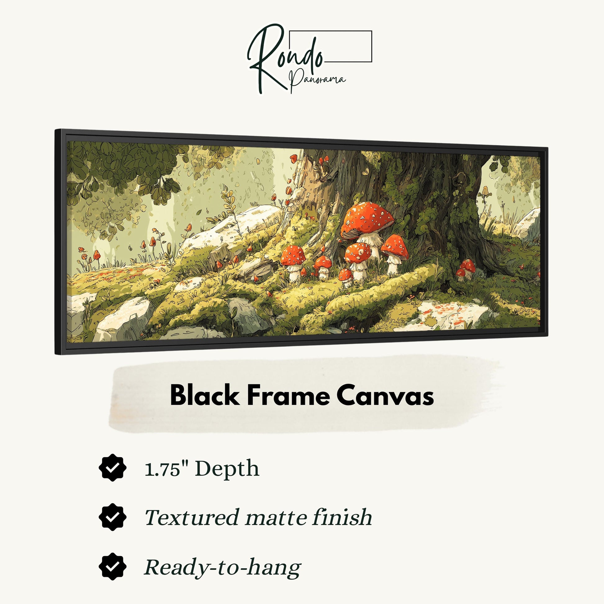 A black frame canvas depicting a forest scene with mushrooms and other natural elements.