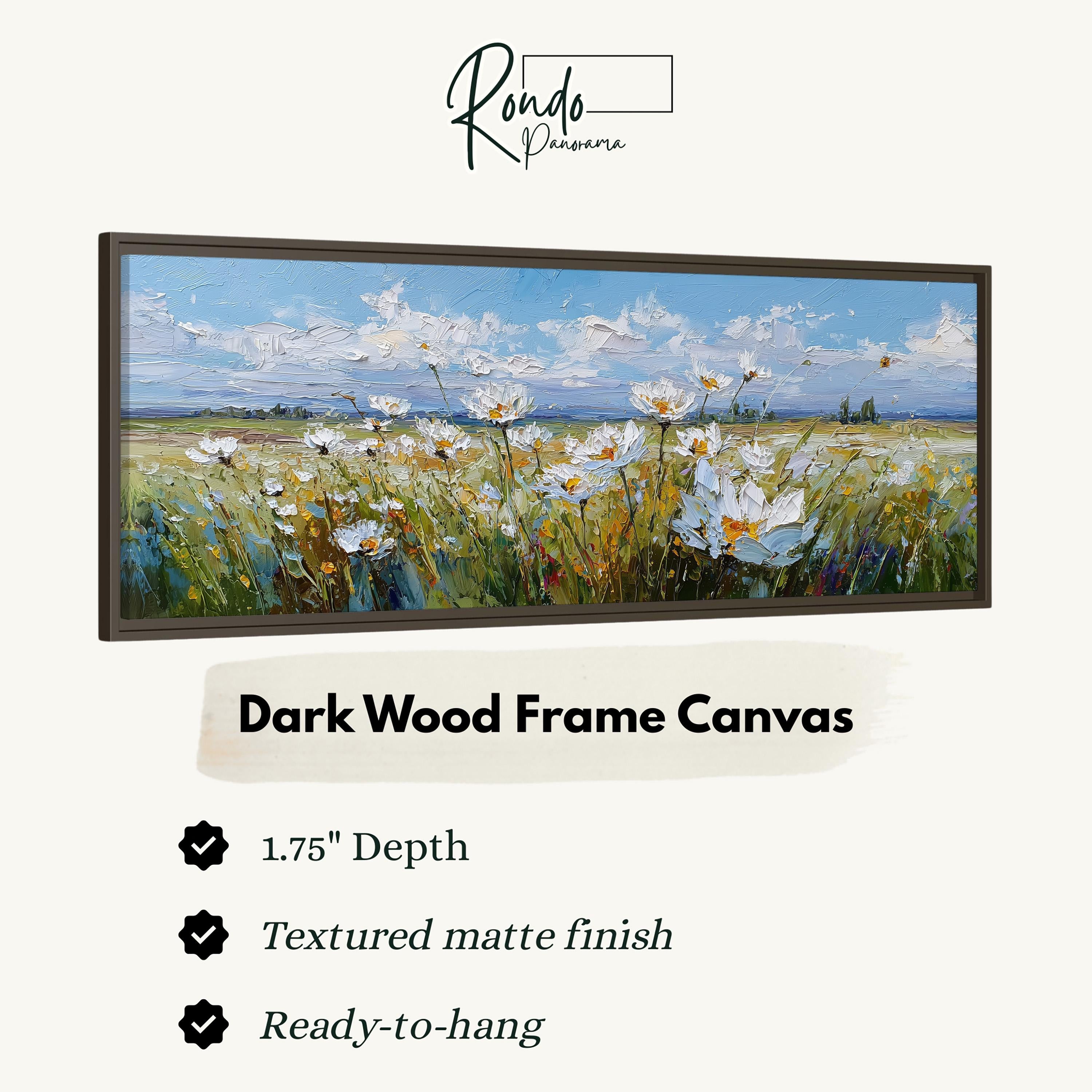 The image is a framed painting of a field of flowers, specifically a field of daisies.