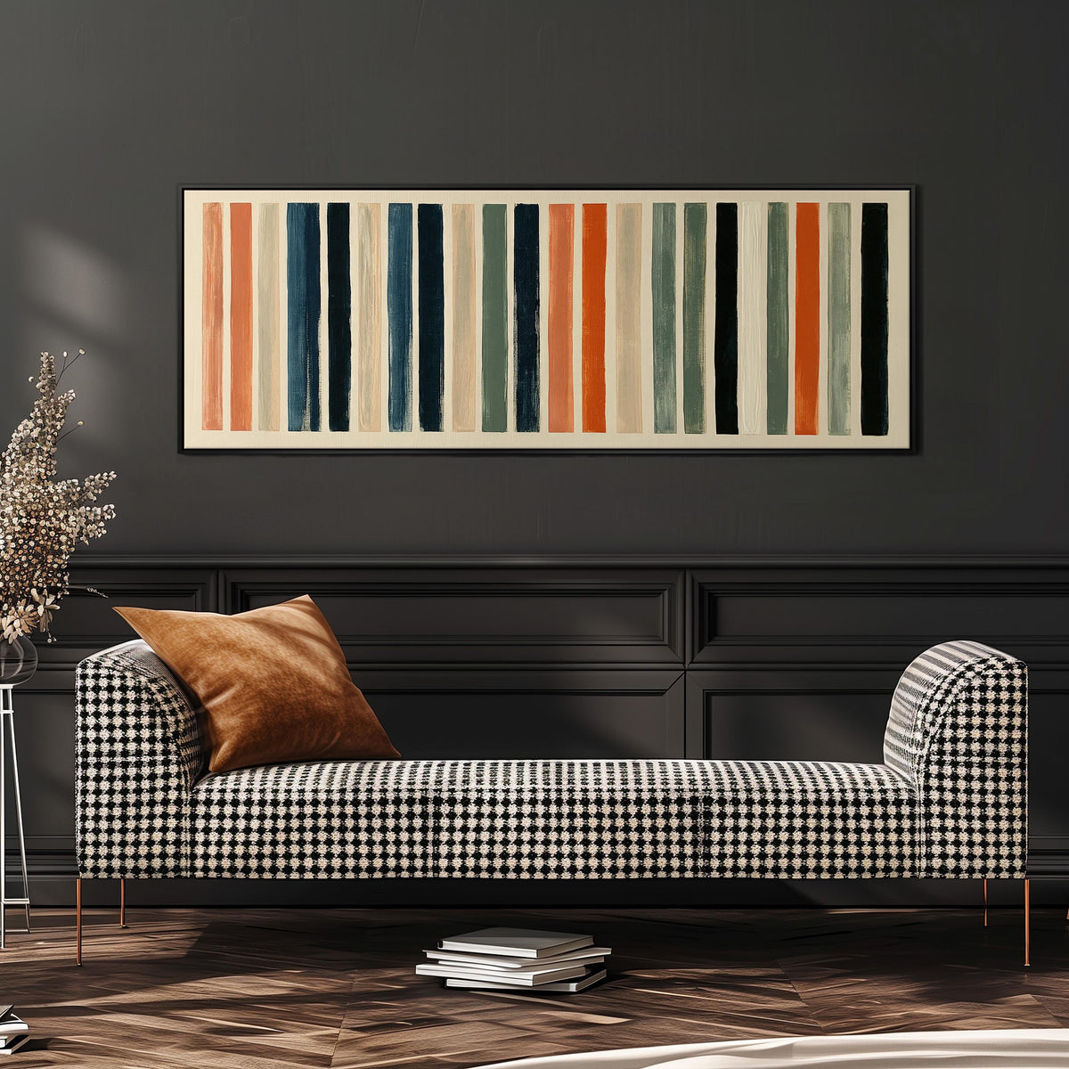 Bold peach, sage and navy stripes wide panoramic canvas print above a bench in a dark living room