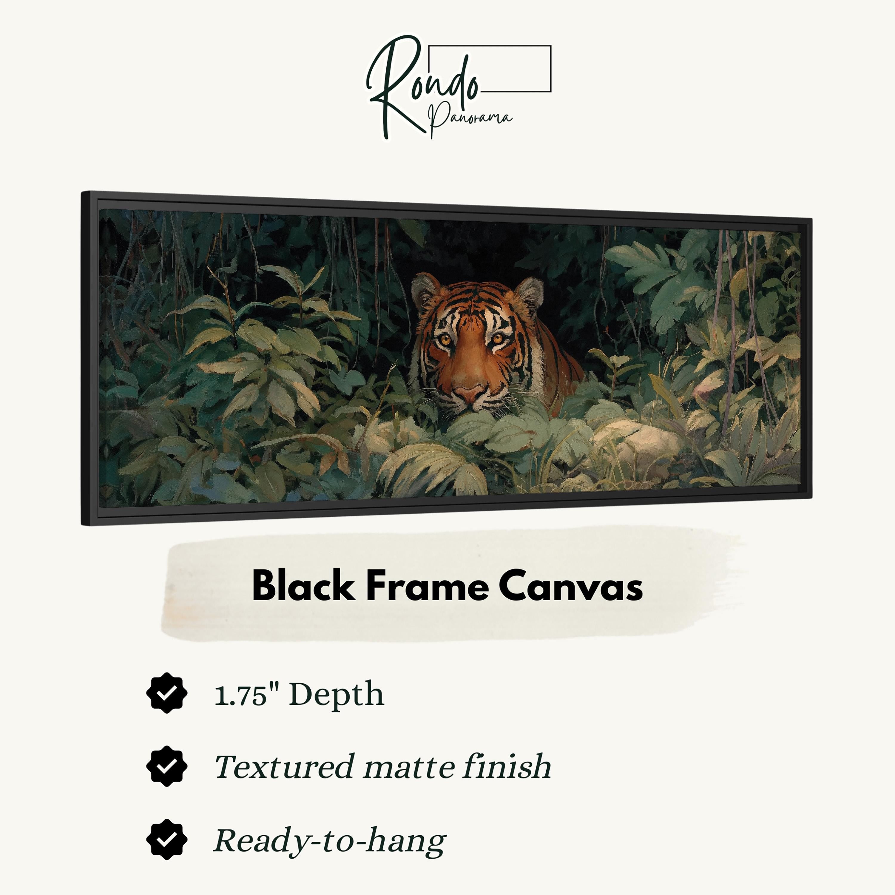 A black frame canvas depicting a tiger in a lush, green jungle environment.