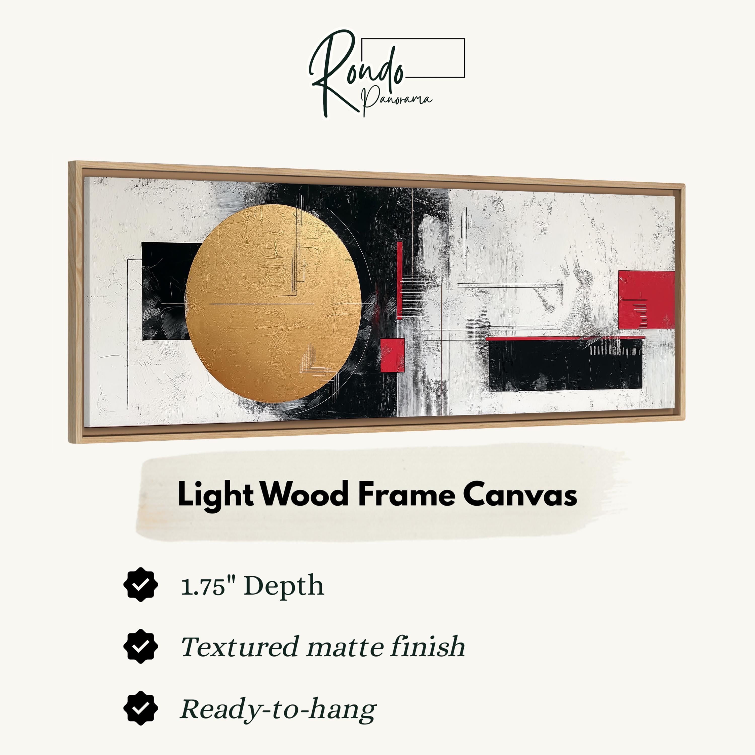 The image is a framed artwork with a minimalist design, featuring a large gold circle in the center and abstract geometric shapes surrounding it.