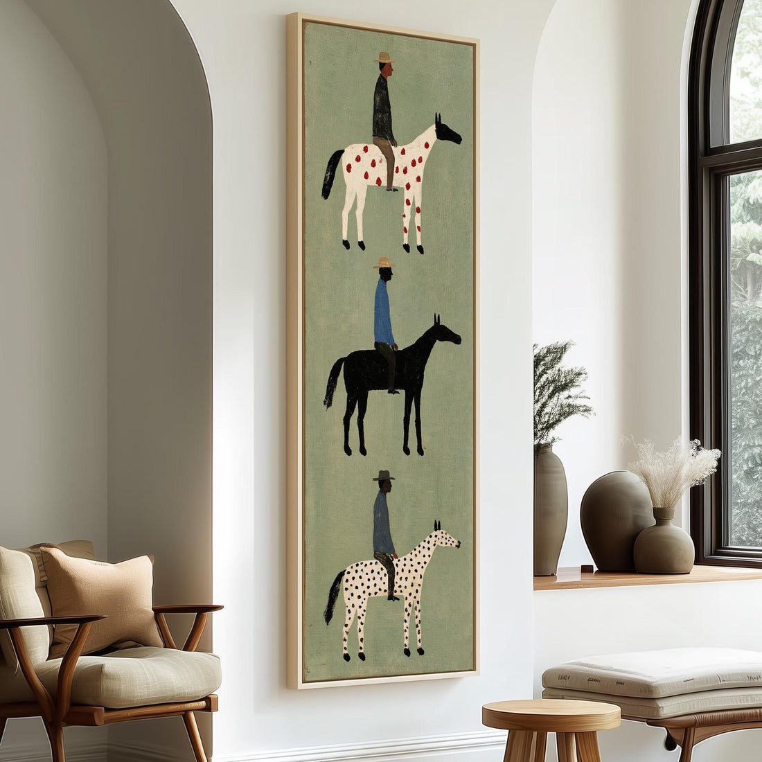 Three folk riders on spotted horses stacked vertically long vertical canvas print in a sunlit living space