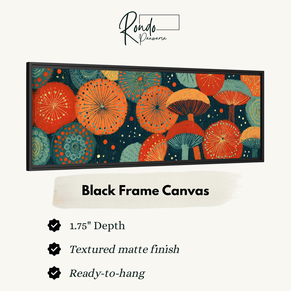 Orange and teal mushroom starburst canvas print in a black floating frame