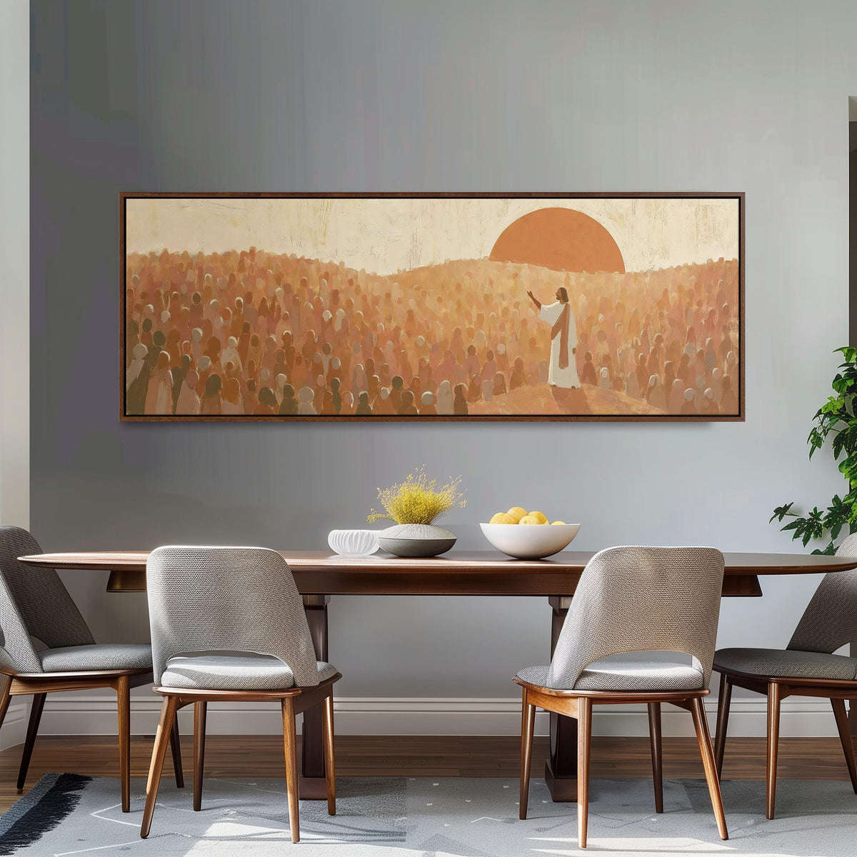 Jesus preaching to a crowd at sunset long horizontal canvas print above a dining table