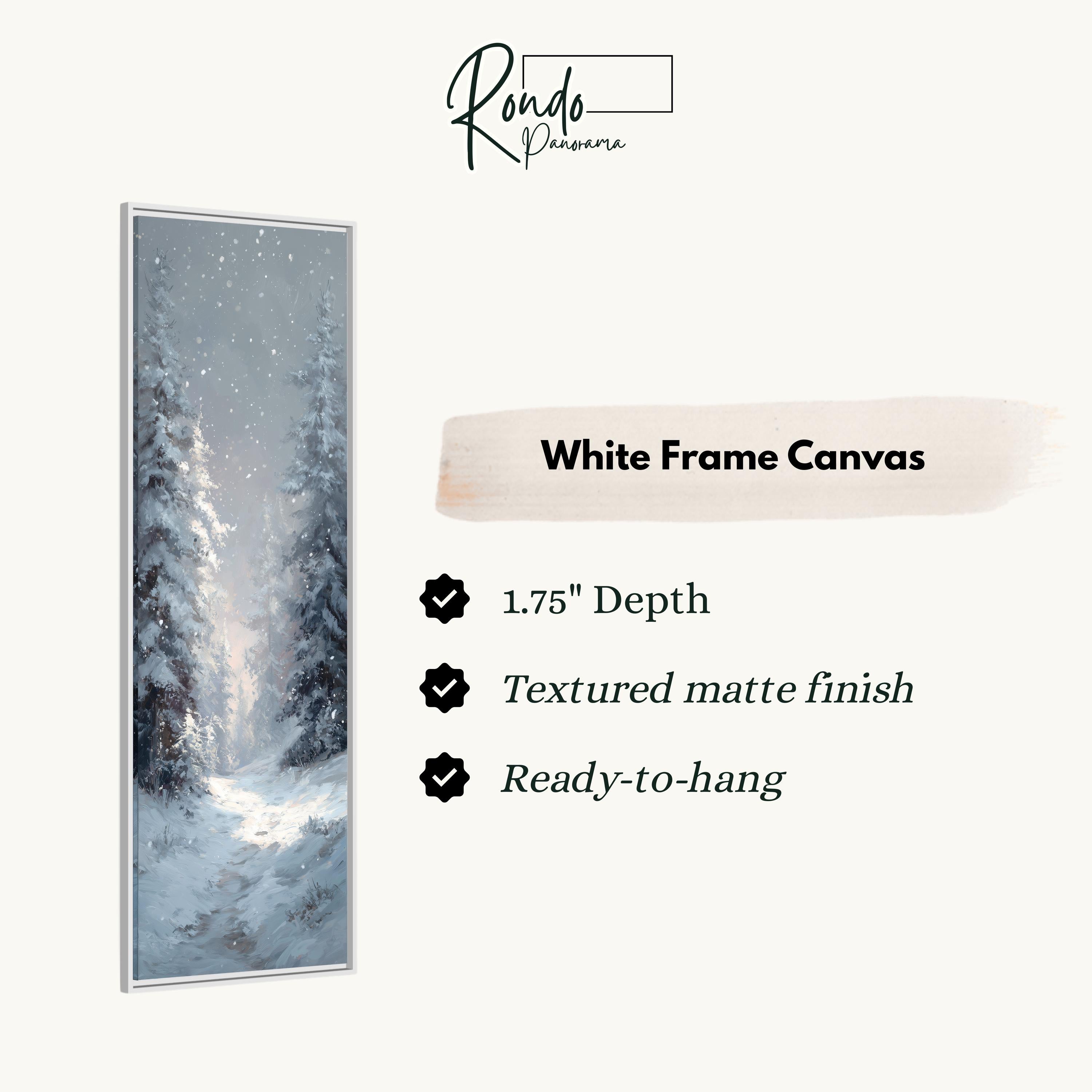 The image is a white frame canvas depicting a snowy forest scene with tall trees covered in snow.