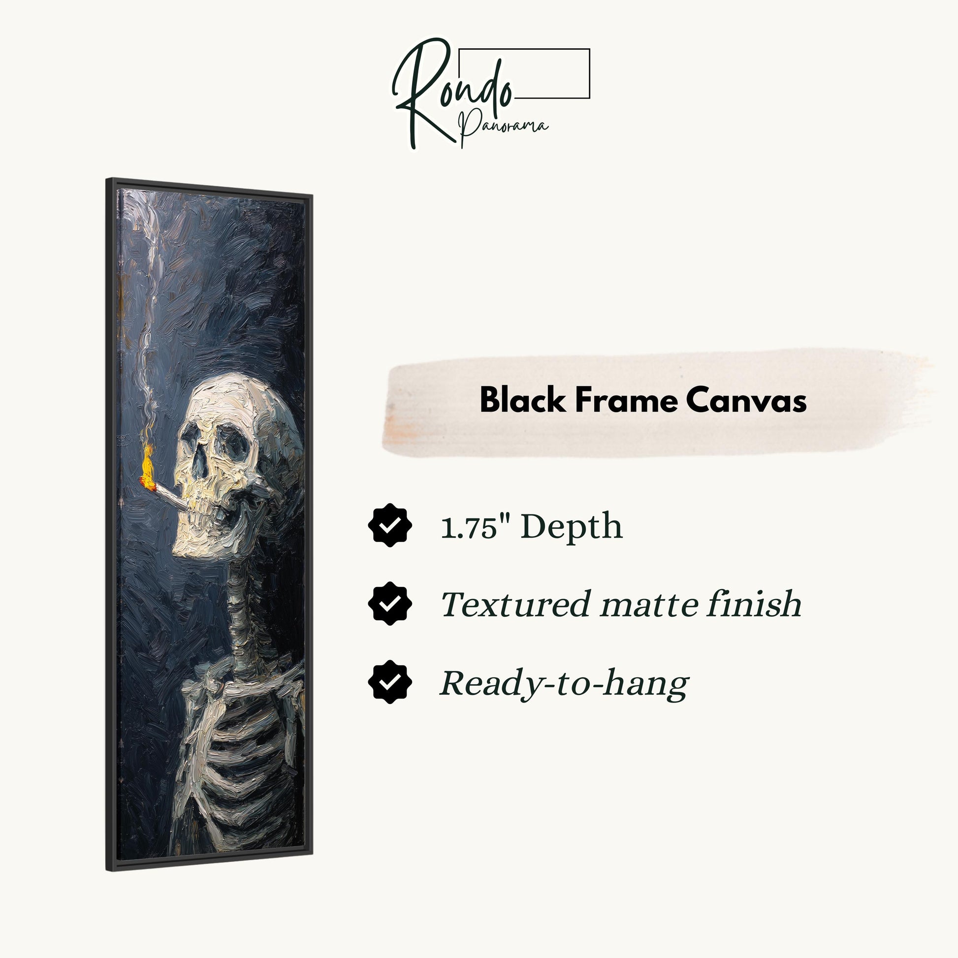 The image is a black frame canvas depicting a skeleton smoking a cigarette.