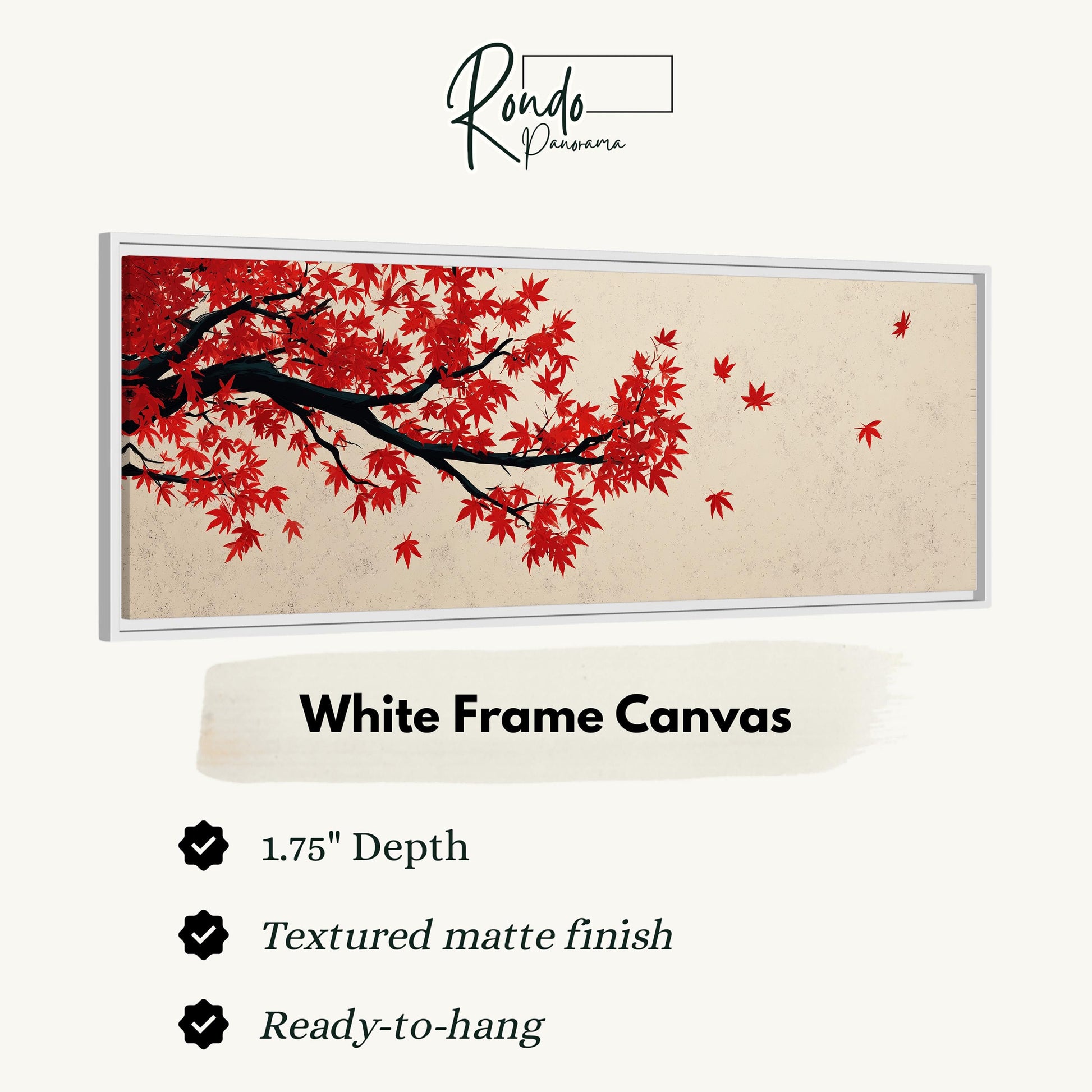 The image is a white frame canvas featuring a painting of a tree with red leaves.