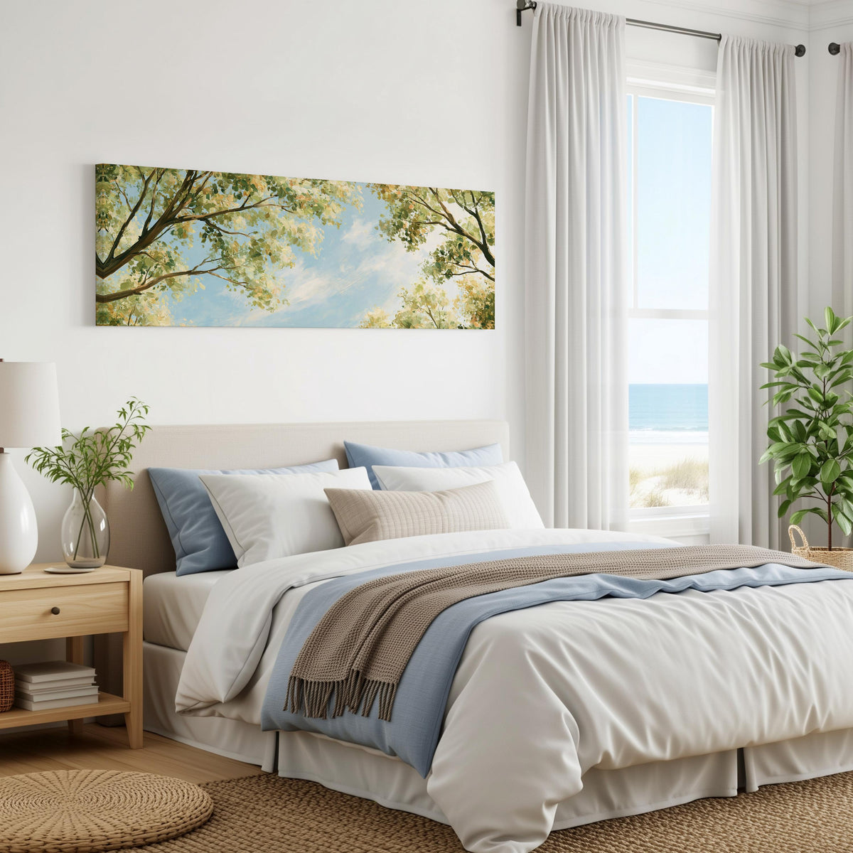 Sunlit leafy branches framing soft clouds panoramic canvas print above a bed in a coastal bedroom