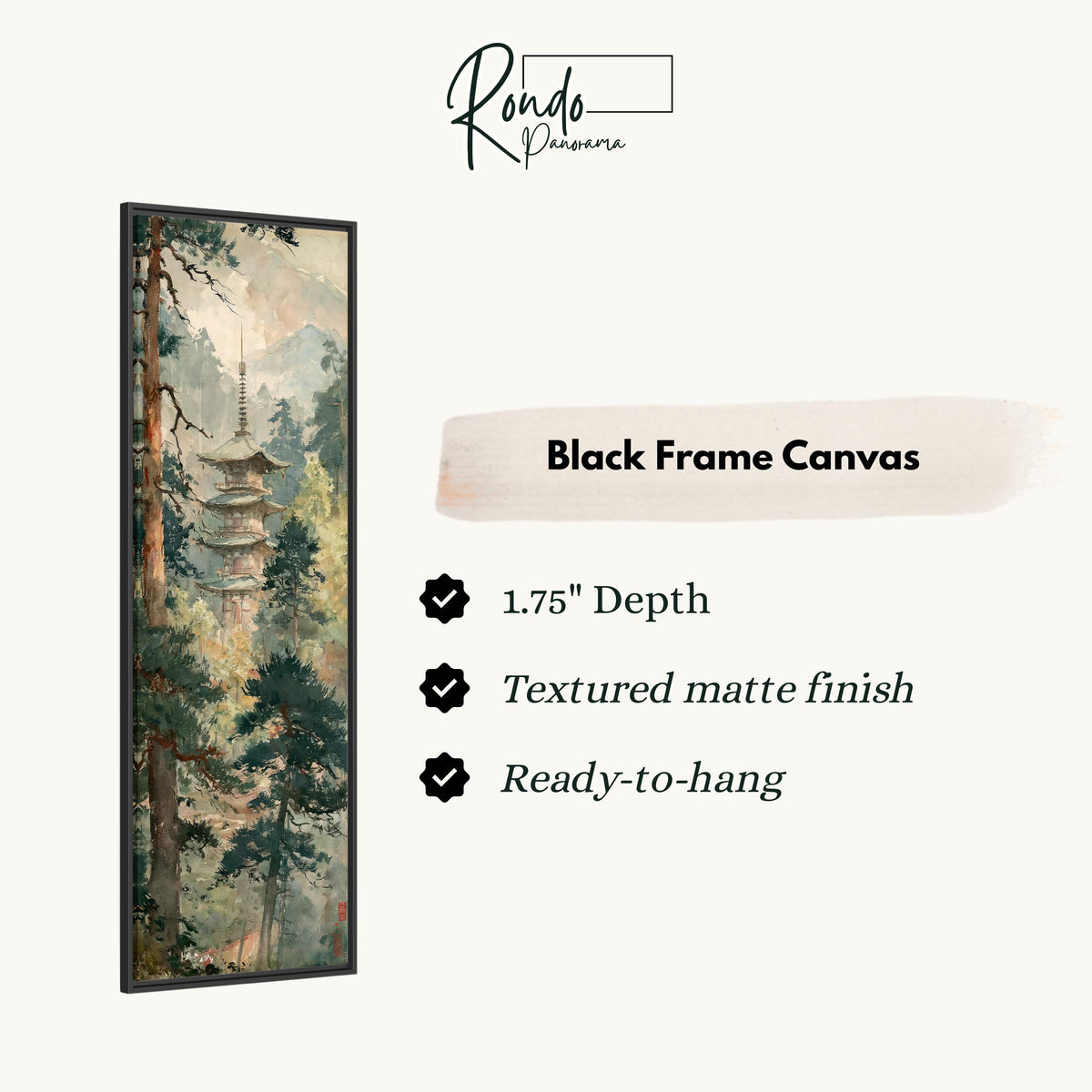 Pagoda in a misty pine forest canvas print in a black floating frame