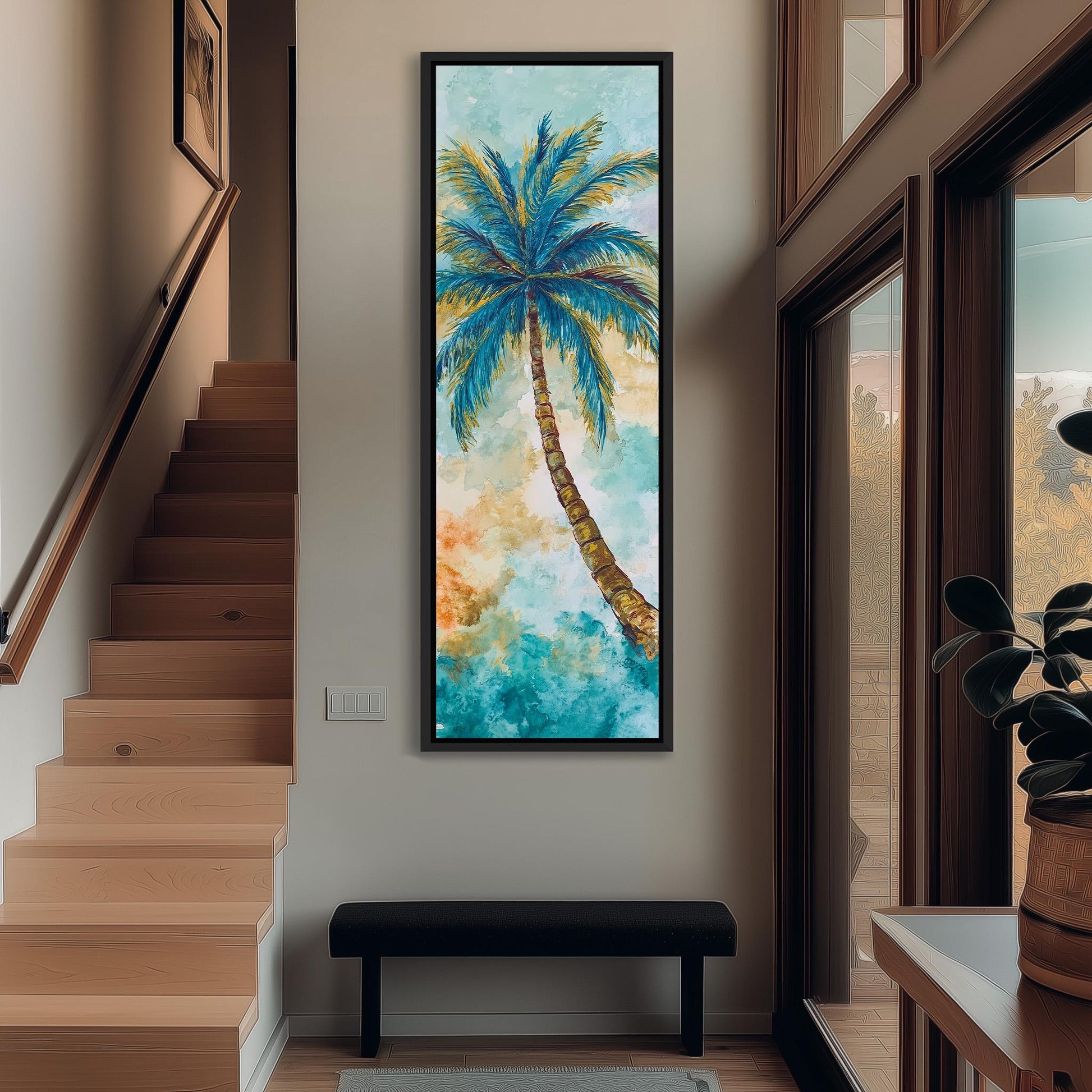 a large painting of a palm tree hanging on the wall of a hallway.