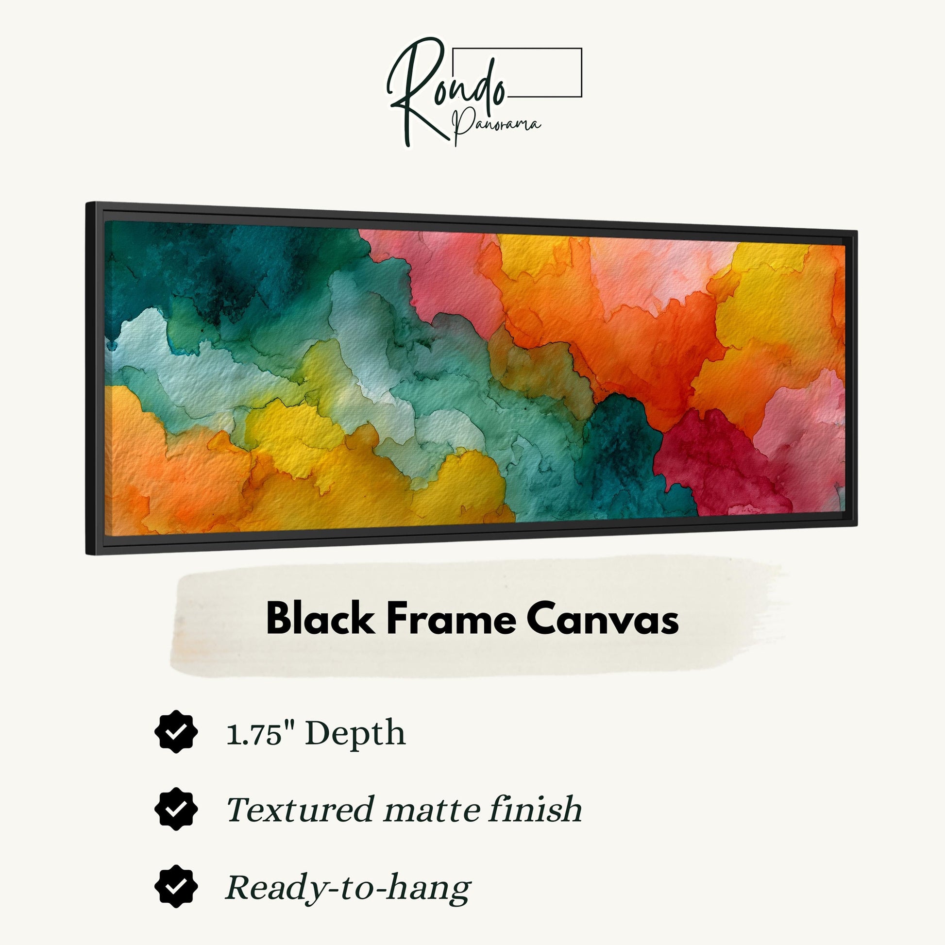 The image is a product advertisement for a black frame canvas. It features a vibrant abstract painting with a variety of colors and textures. The advertisement highlights the canvas's 1.75" depth, textured matte finish, and the ability to hang it.