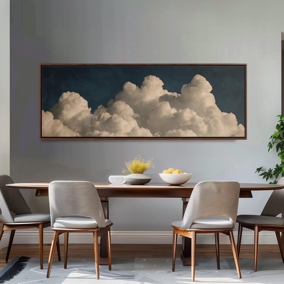 Cumulus clouds against a dark night sky long horizontal canvas print above a dining table