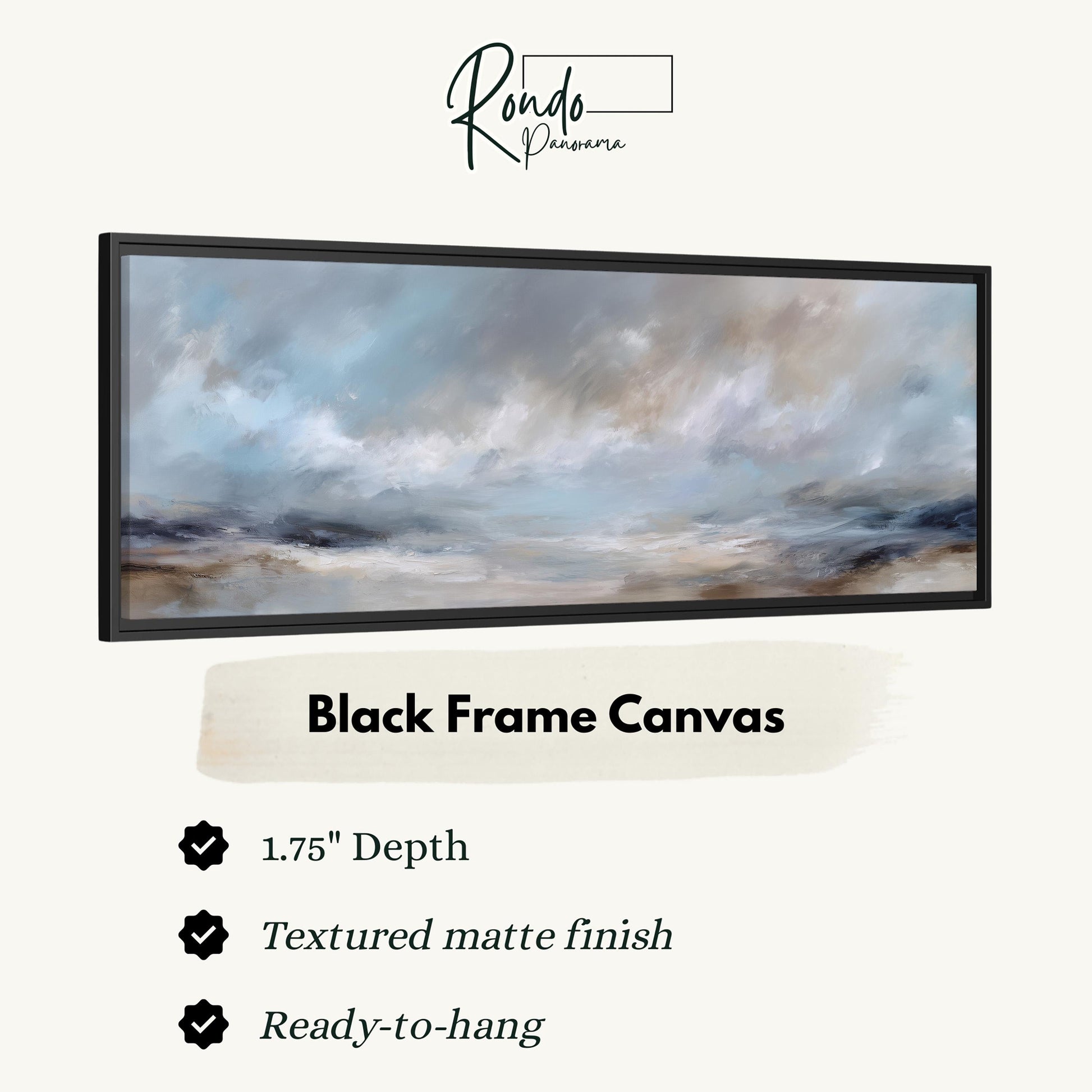 The image is a black frame canvas with a textured matte finish, measuring 1.75" in depth. It is ready to hang and has a textured matte finish.