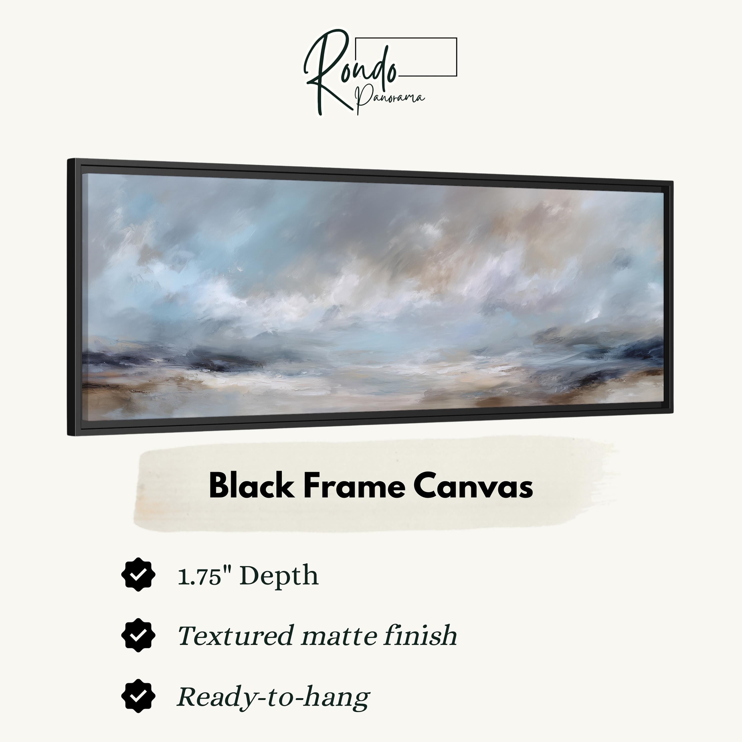 The image is a black frame canvas with a textured matte finish, measuring 1.75" in depth. It is ready to hang and has a textured matte finish.