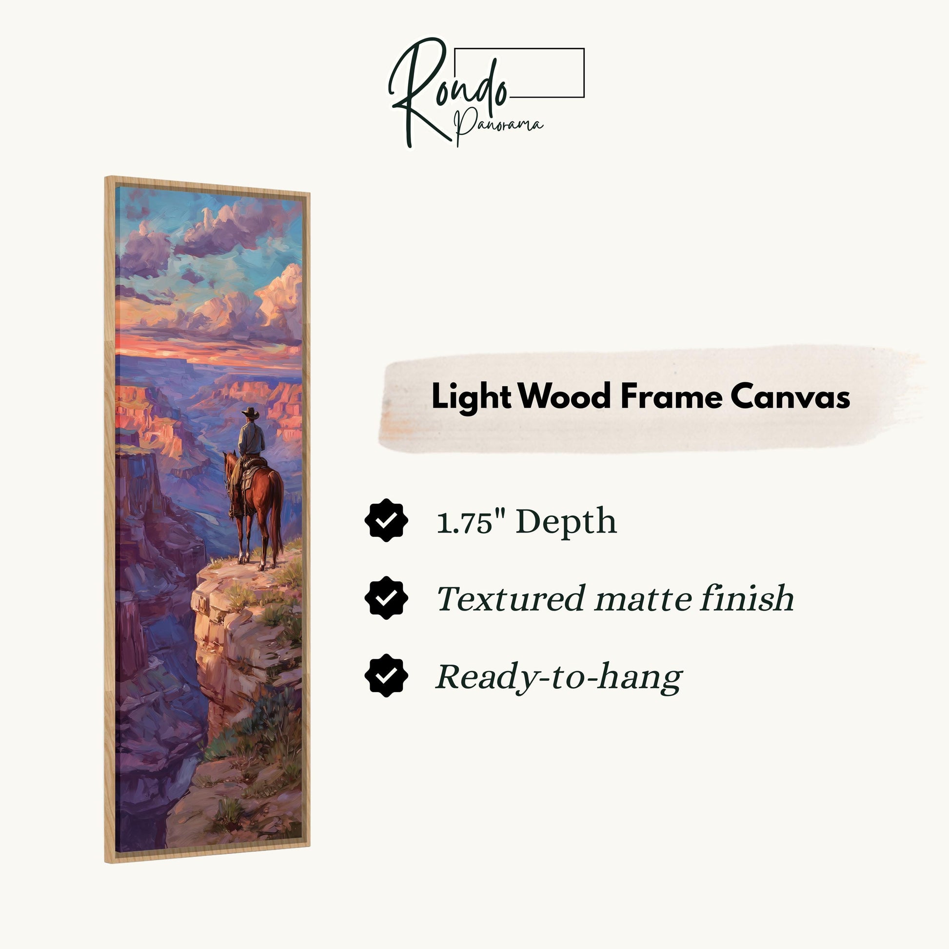 The image is a painting of a person riding a horse on a cliff overlooking a valley.