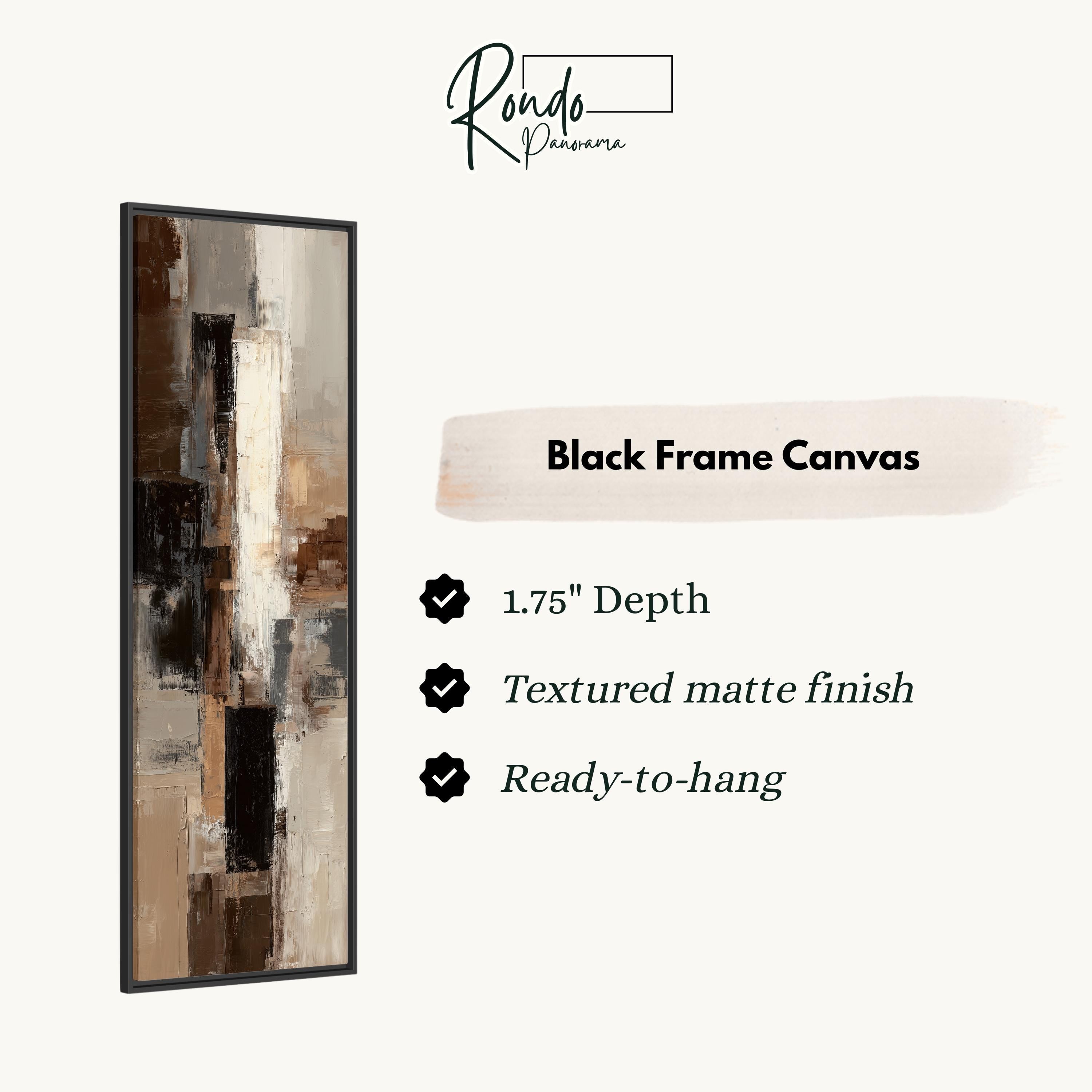 The image is a product description for a black frame canvas. It features a painting with a 1.75" depth, a textured matte finish, and is ready to hang.
