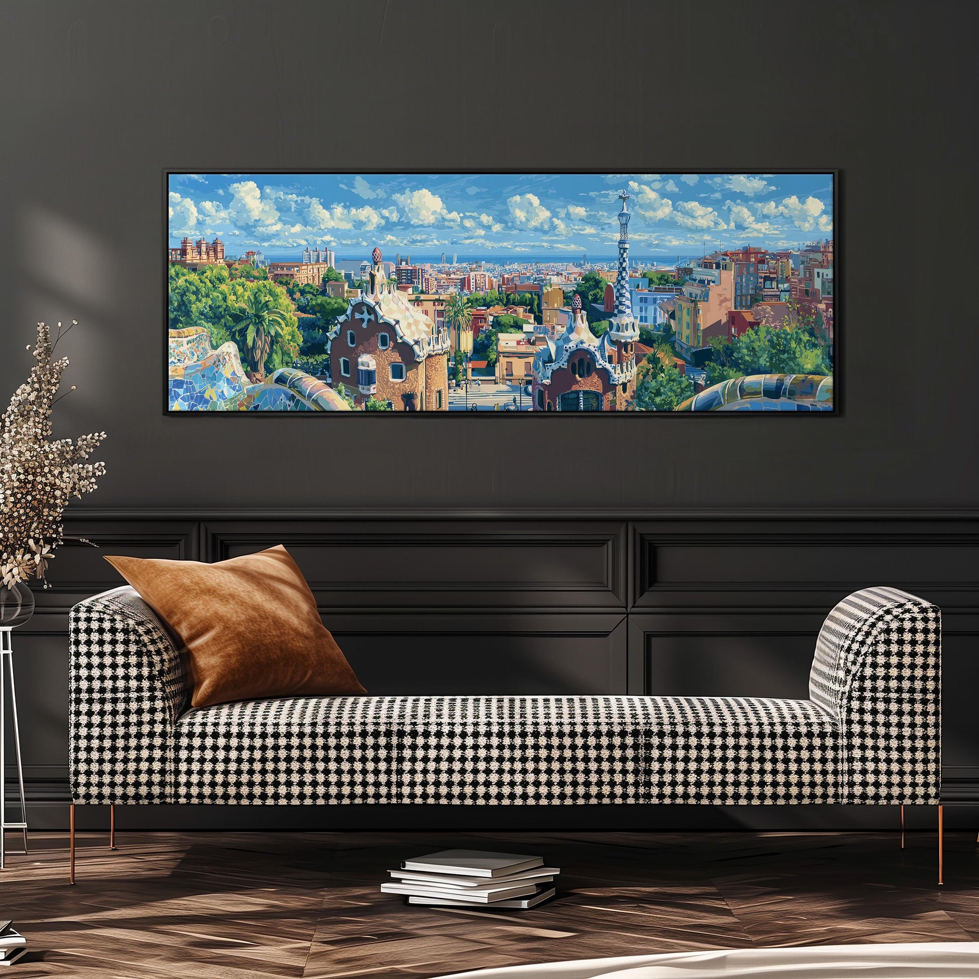 a large, colorful painting of a cityscape hanging on a wall above a black and white checkered sofa.