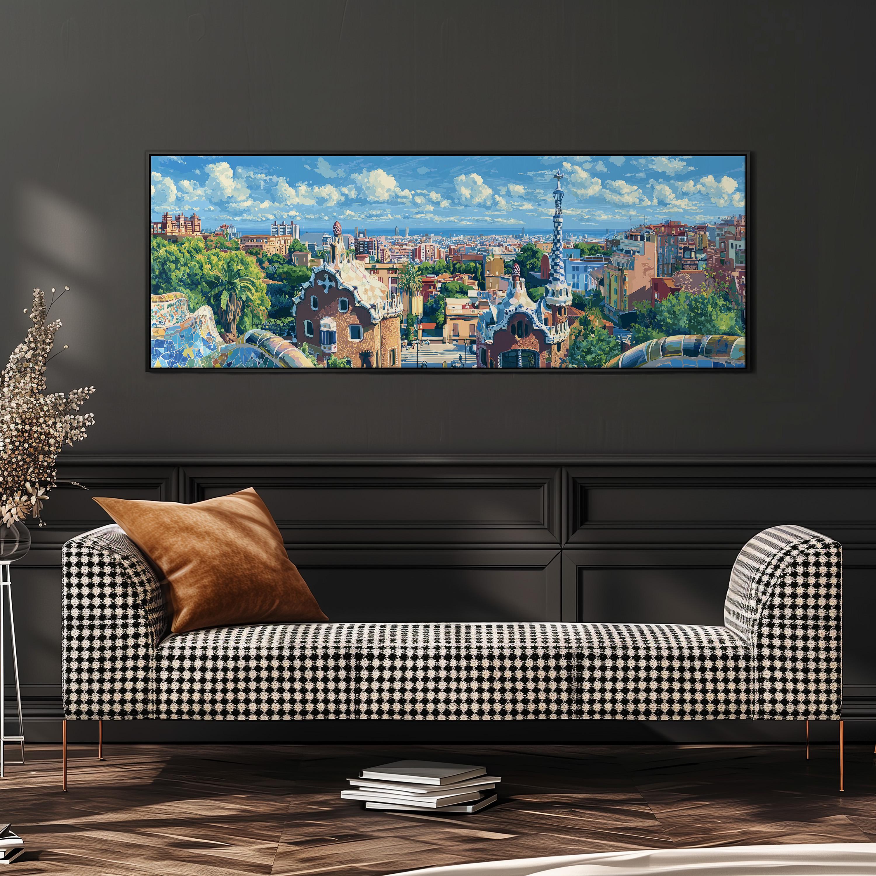 a large, colorful painting of a cityscape hanging on a wall above a black and white checkered sofa.