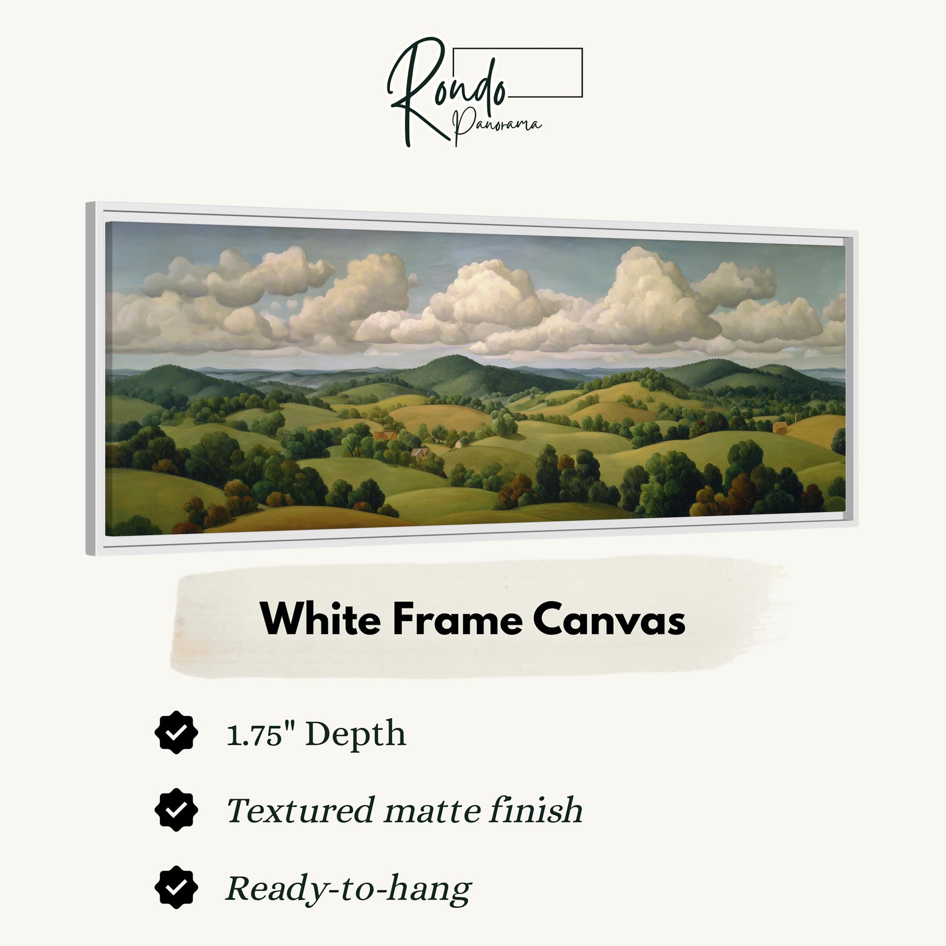 The image is a white frame canvas depicting a landscape with rolling hills, trees, and a cloudy sky.