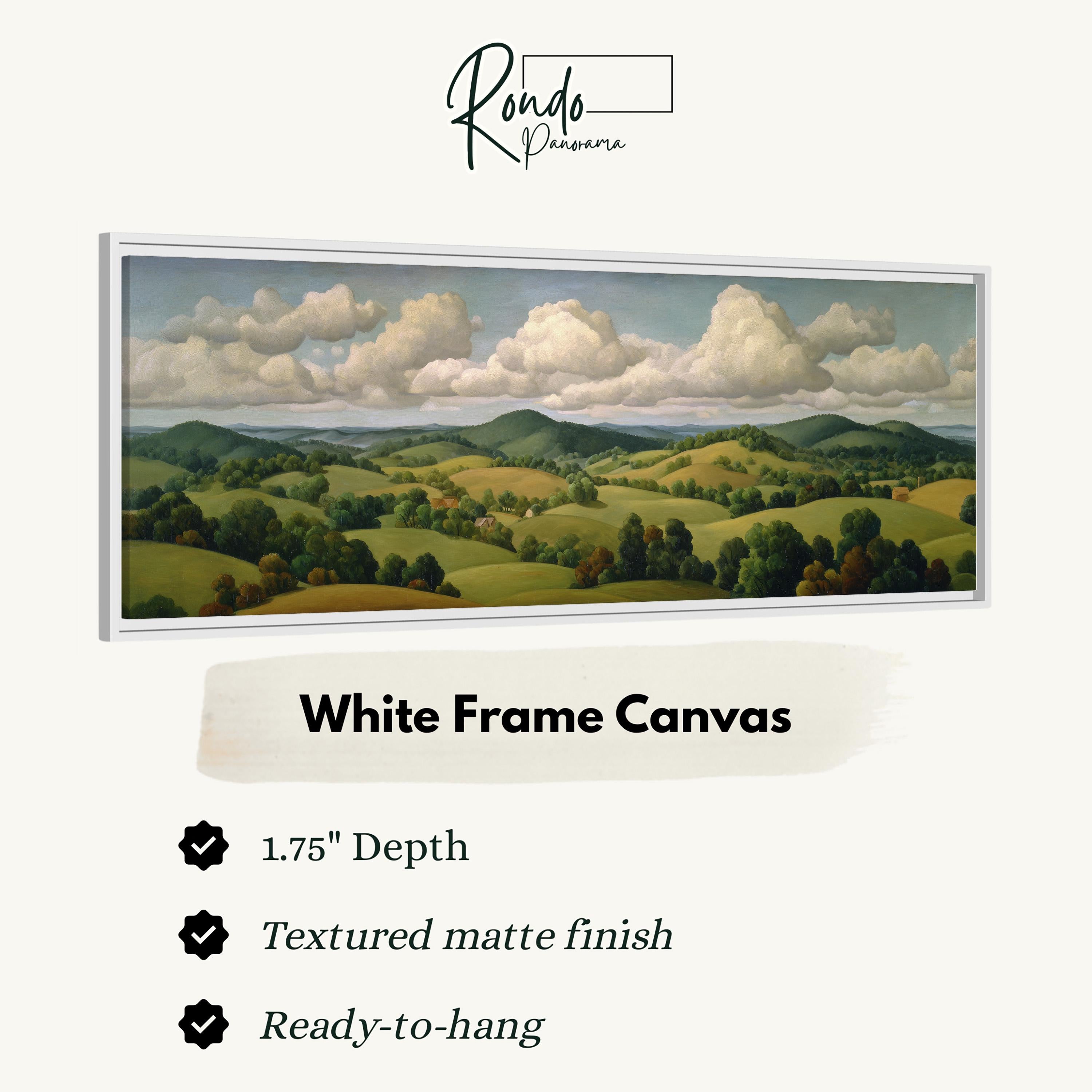 The image is a white frame canvas depicting a landscape with rolling hills, trees, and a cloudy sky.