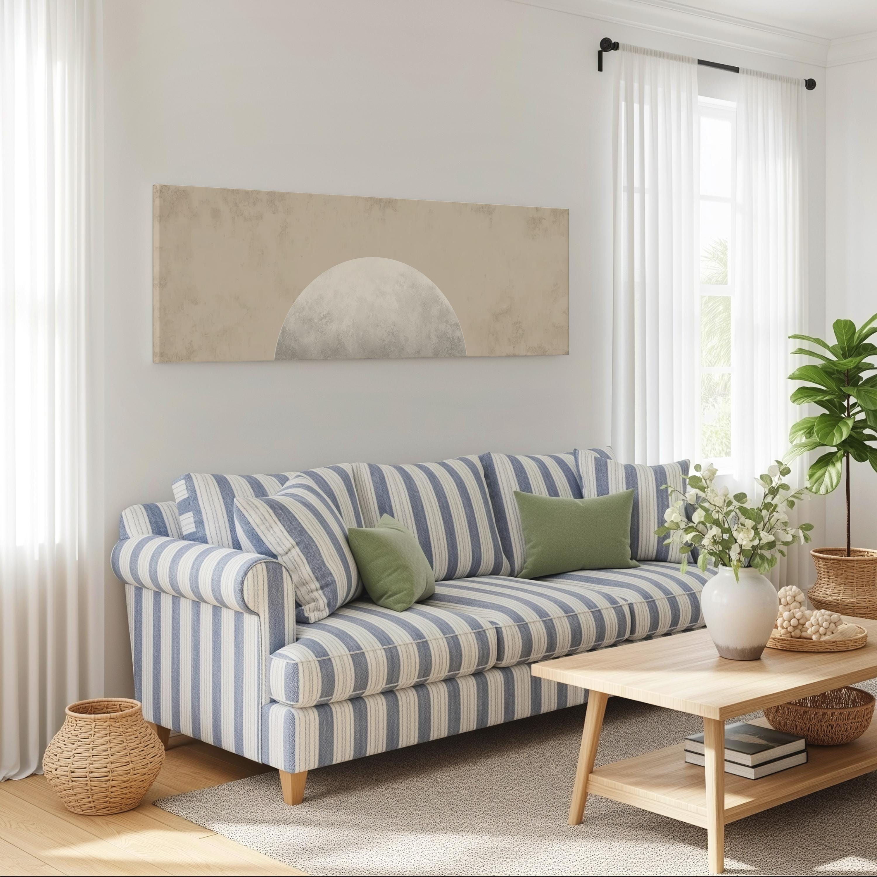 a cozy living room with a striped blue and white sofa, a wooden coffee table, and a large window with white curtains. The room has a minimalist and modern design, with a large abstract painting on the wall and a potted plant adding a touch of greenery.