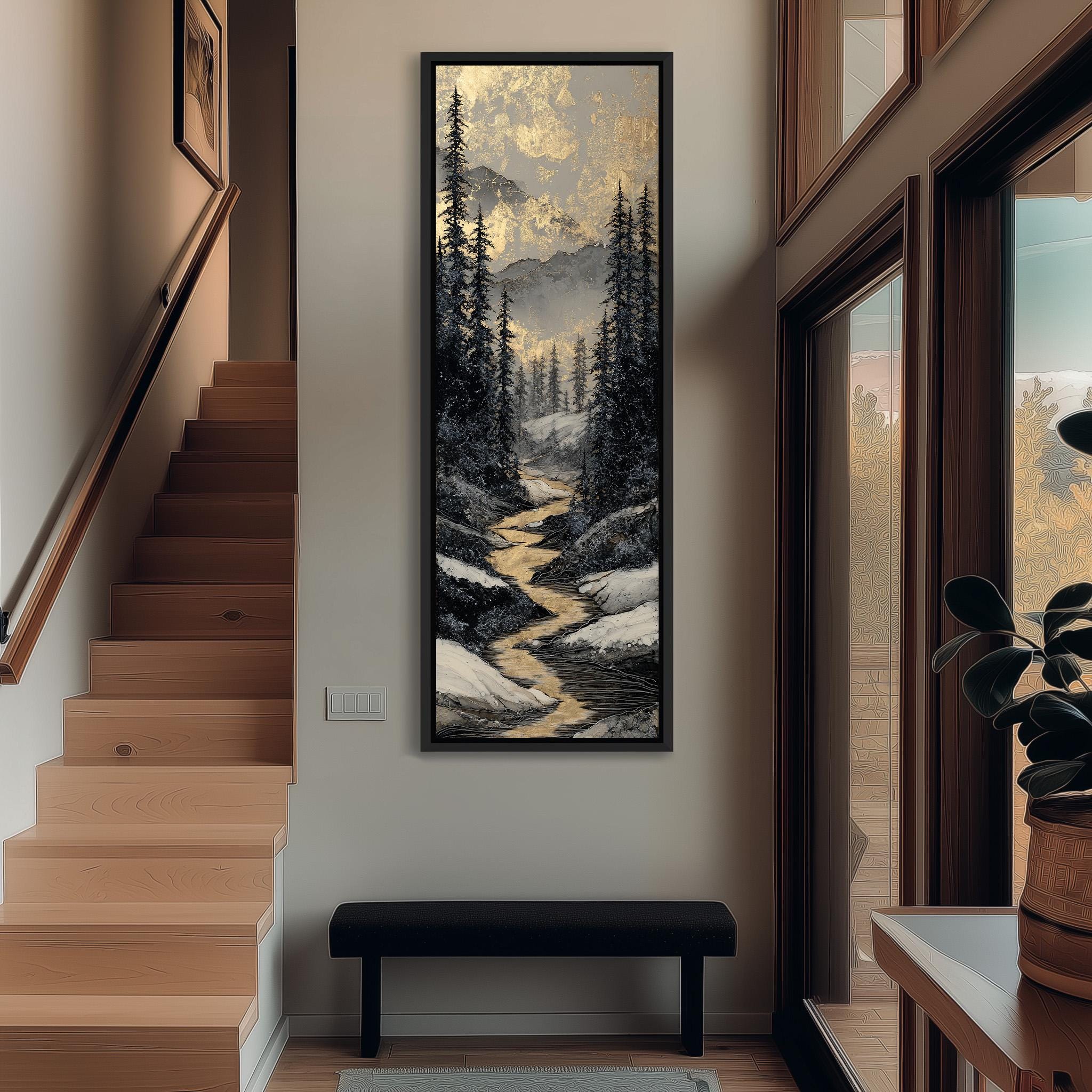 a hallway with a large painting of a mountain landscape hanging on the wall. The painting depicts a winding path through a forest, with a river flowing through the scene. The hallway has wooden stairs leading up to the painting, and a bench is visible in the foreground.