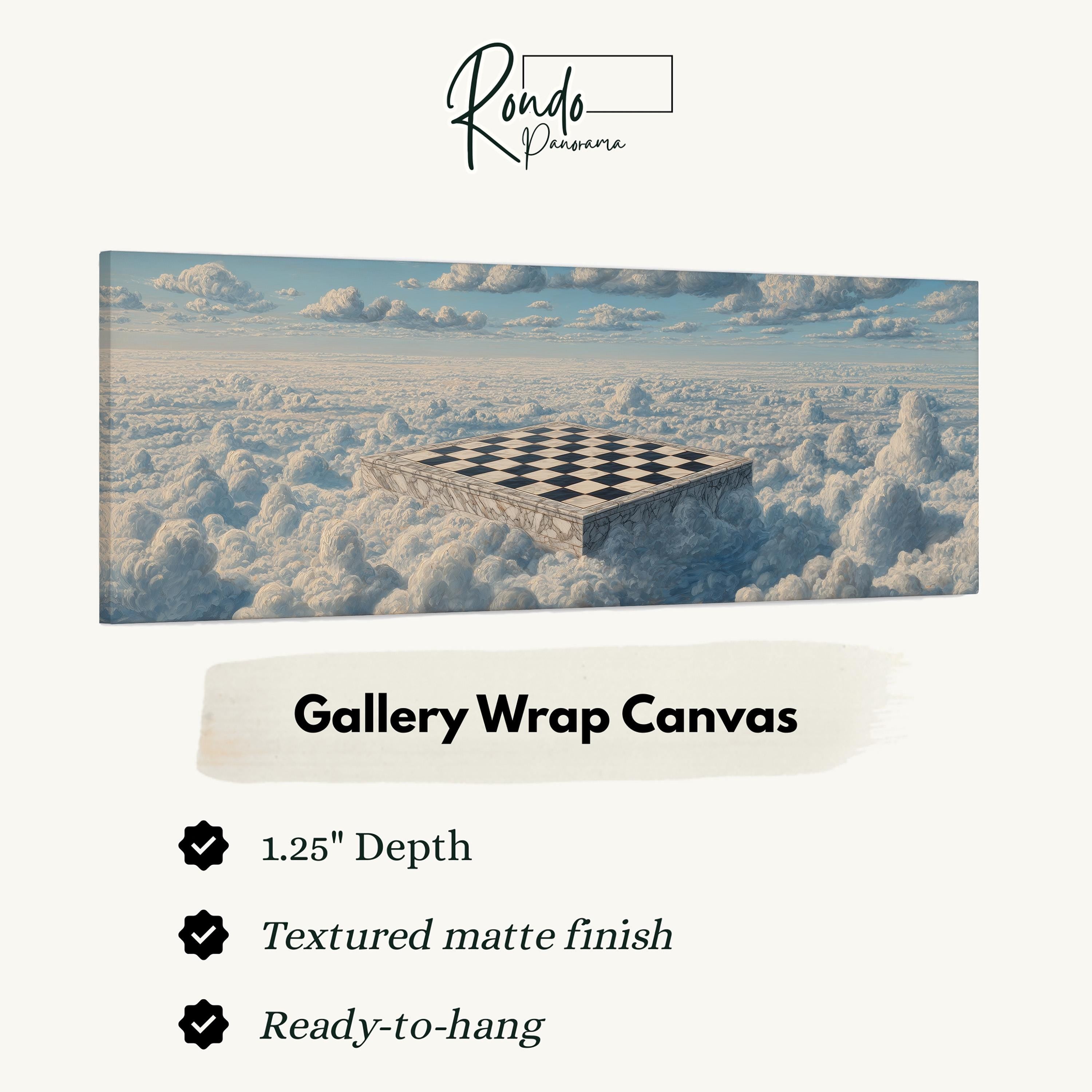 The image is a gallery wrap canvas featuring a checkerboard pattern on a floating platform in a cloud-filled sky.