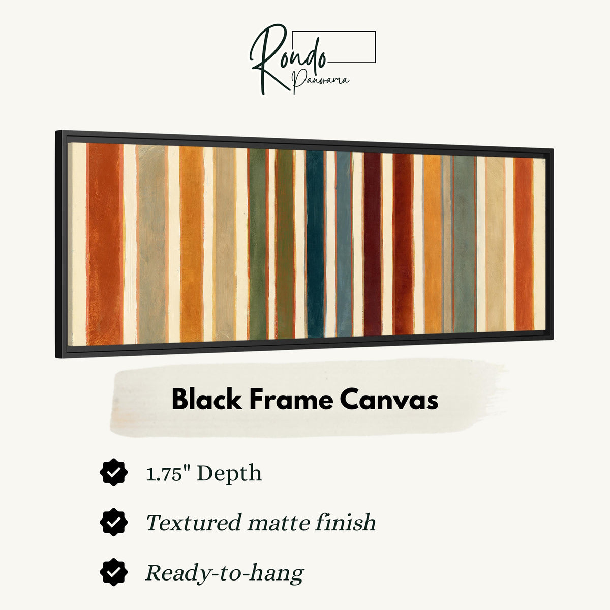 Rust, sage, maroon and teal stripes canvas print in a black floating frame