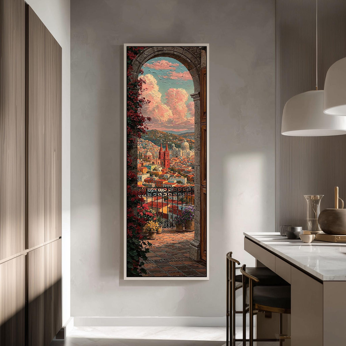 Colorful city view from a flowered balcony arch tall skinny canvas print in a modern kitchen