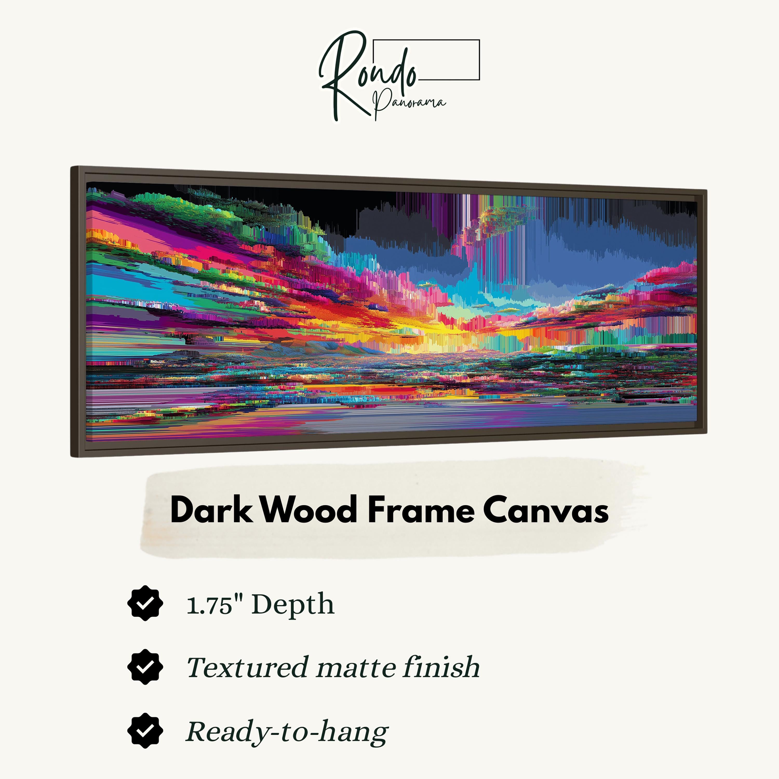 The image is a digital art piece featuring a vibrant, colorful abstract landscape. The artwork is a dark wood frame canvas with a 1.75" depth and a textured matte finish. It is ready to hang and is described as a "Dark Wood Frame Canvas" with a "Textured matte finish".