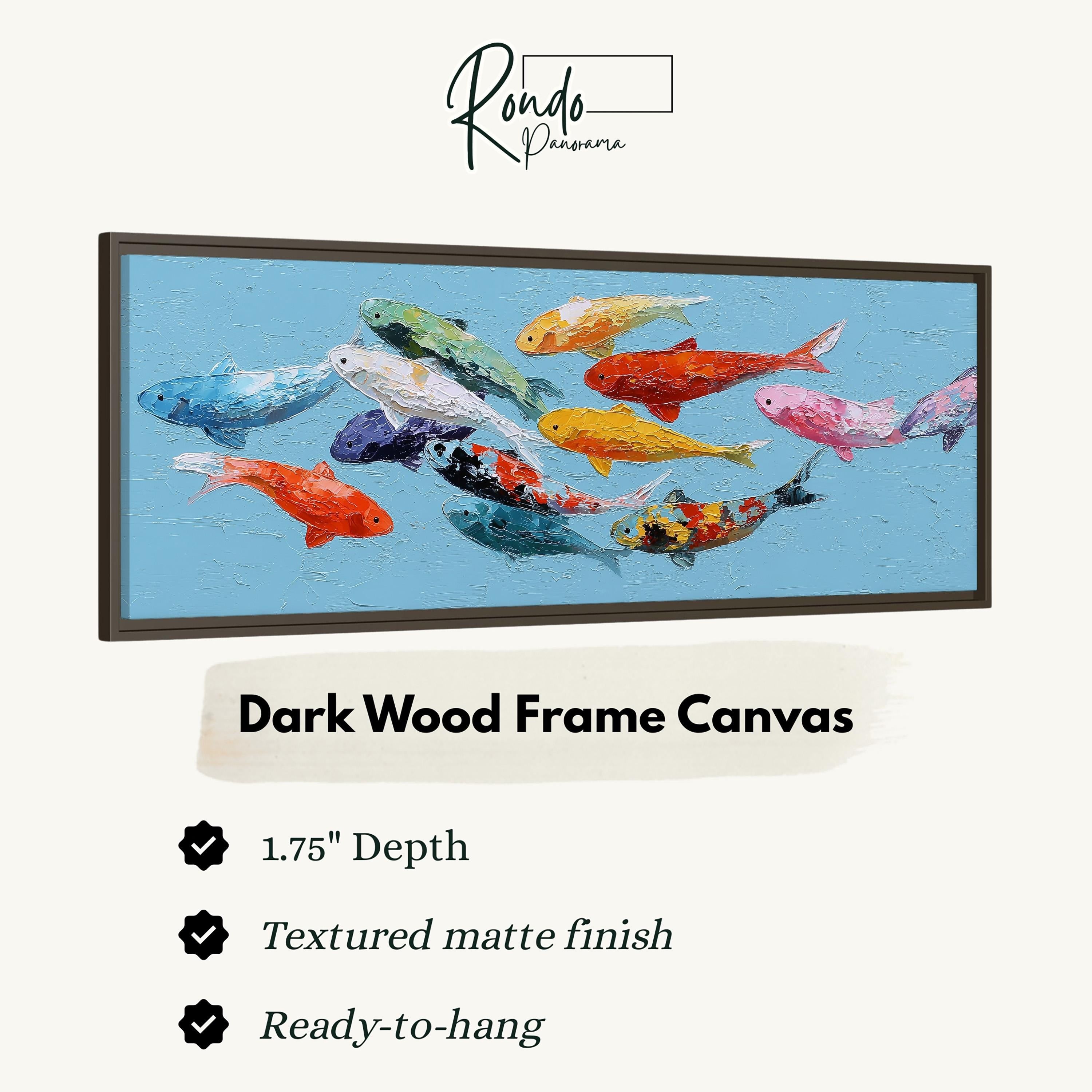 The image is a framed artwork depicting a group of colorful fish swimming in the water.