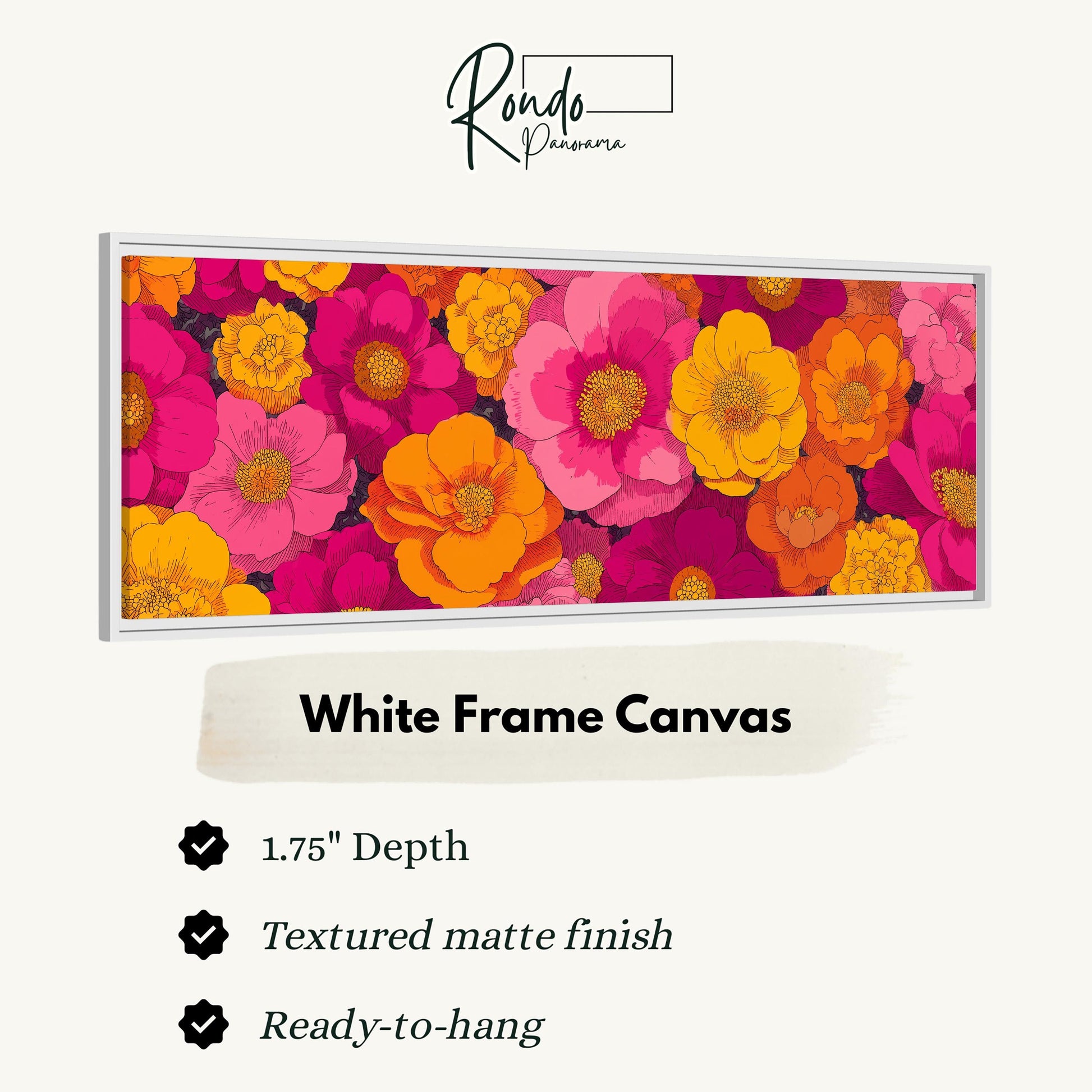 The image is a white frame canvas featuring a vibrant and colorful floral design with various shades of pink, orange, and yellow flowers.