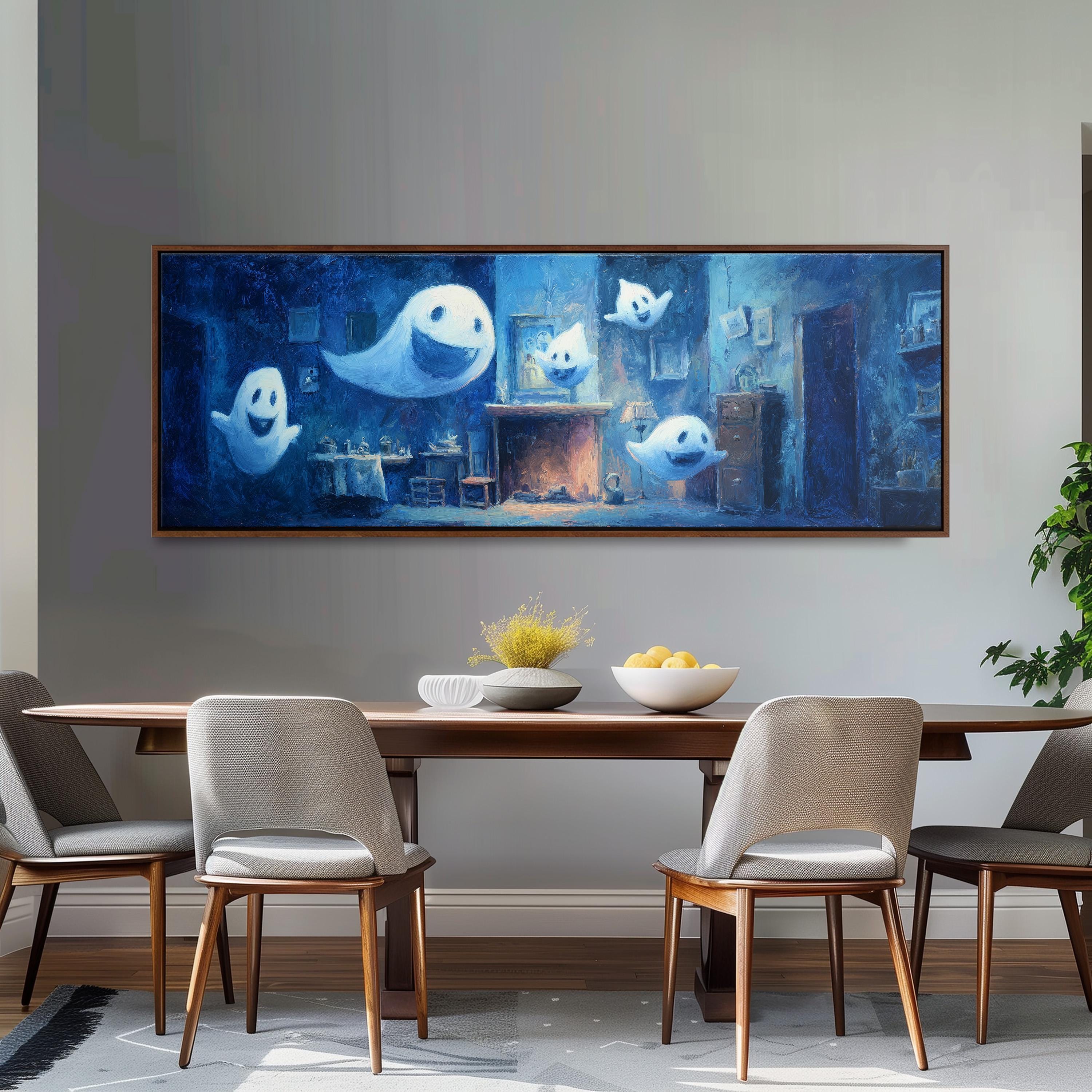 a large painting of a room with a fireplace, a table with a bowl of fruit, and several ghostly figures floating around the room.