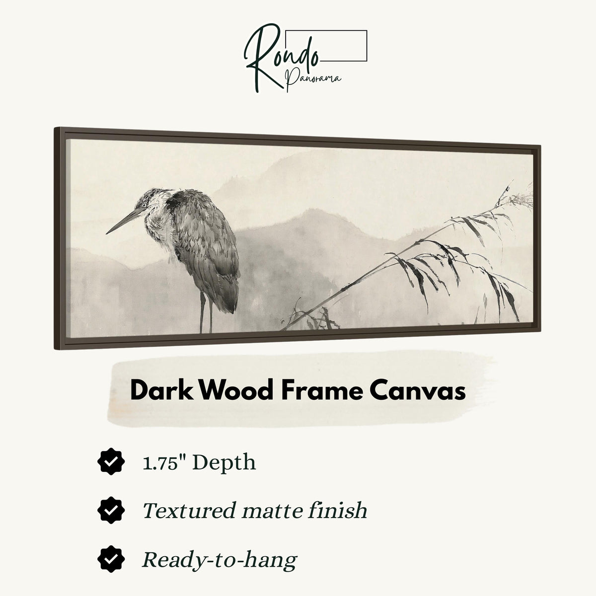Heron in front of misty ink mountains canvas print in a dark wood floating frame