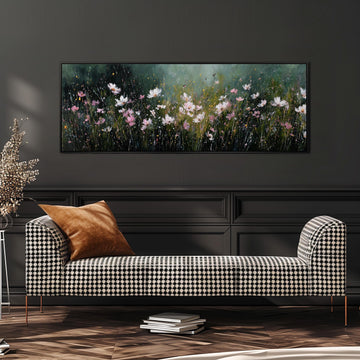 a black and white checkered sofa with a brown throw pillow, set against a dark wall with a large painting of flowers hanging above it.