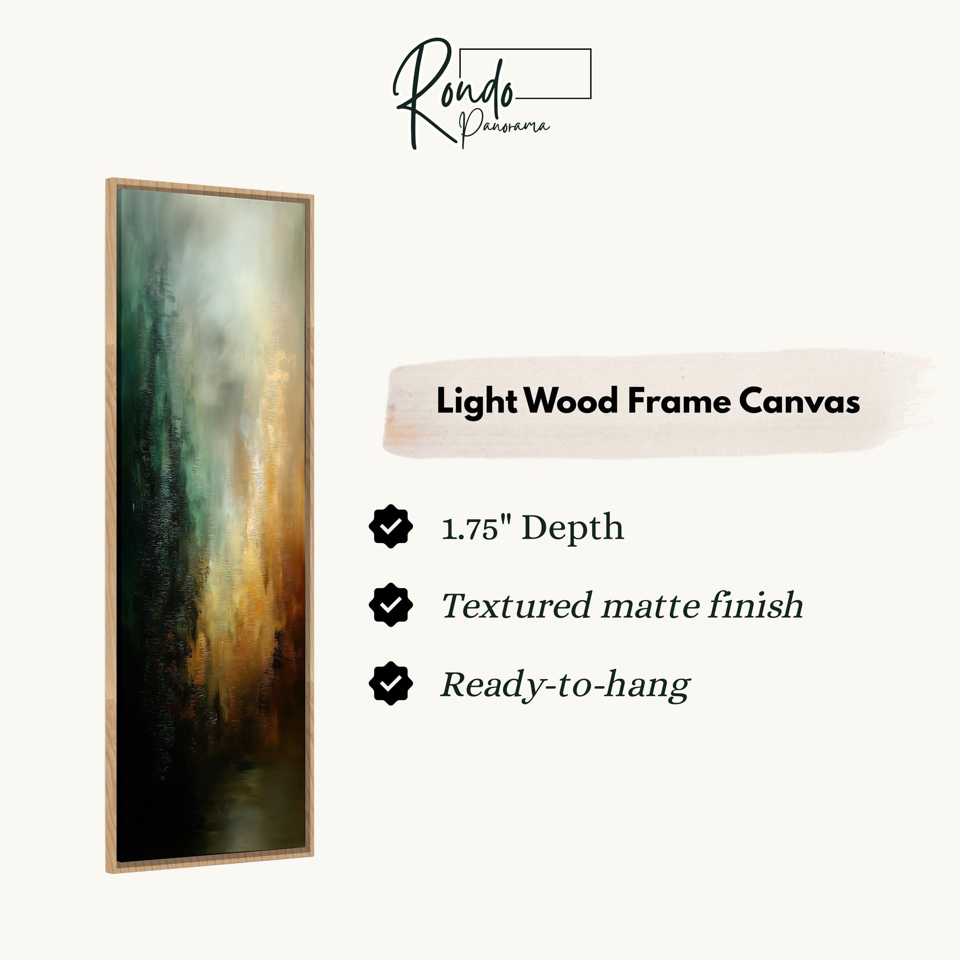 The image is a product description for a light wood frame canvas. It features a painting of a forest with a 1.75" depth, a textured matte finish, and is ready to hang.