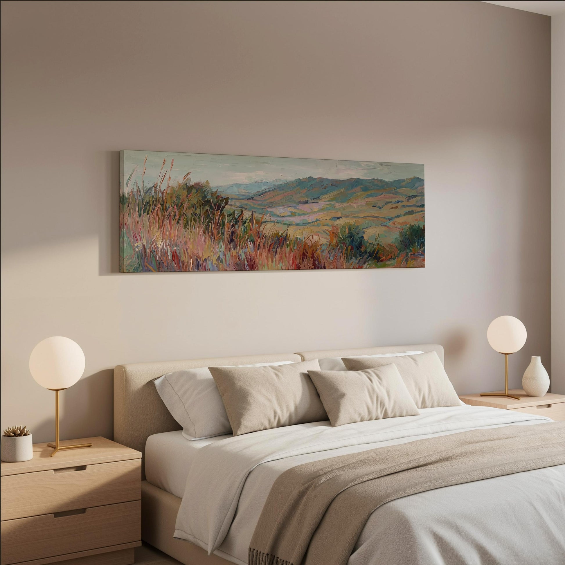a serene bedroom scene with a large bed adorned with white linens and beige throw pillows. Above the bed, a large painting of a countryside landscape is displayed on the wall, adding a touch of nature to the room. Two white lamps flank the bed, providing a soft, ambient lighting. The overall color scheme of the room is neutral, with the white linens and beige accents creating a calming and peaceful atmosphere.