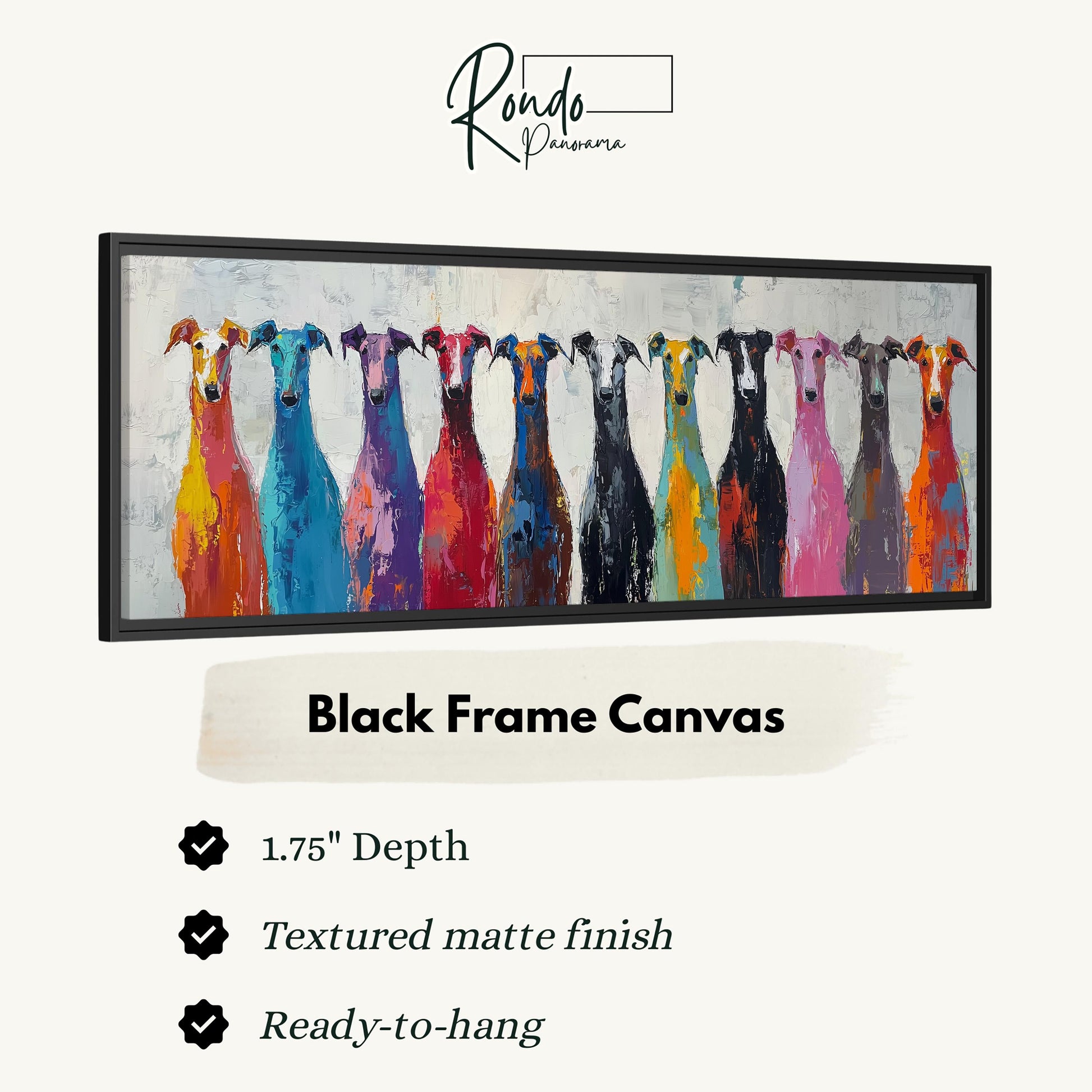 a black frame canvas with a painting of a group of colorful dogs.