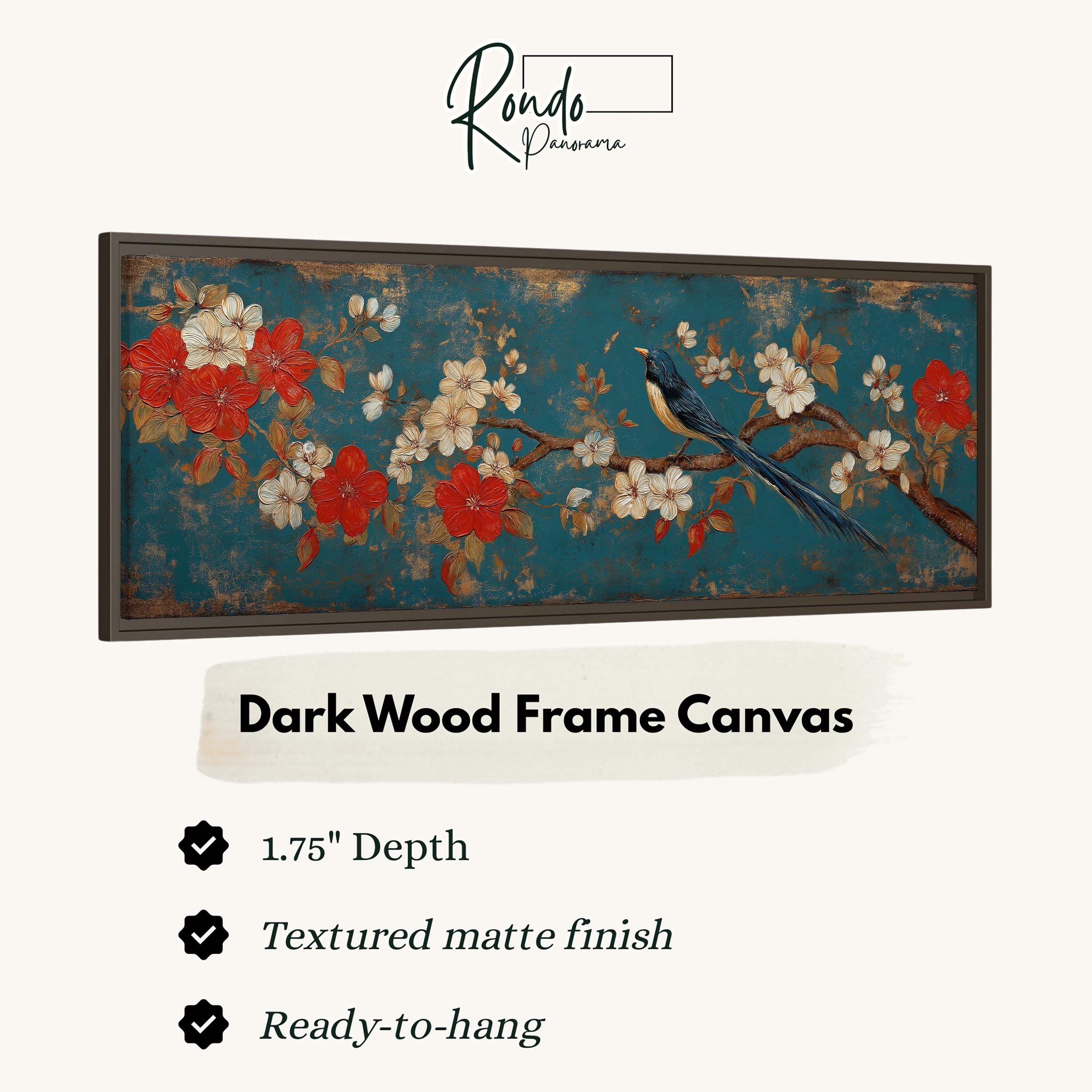 The image is a framed artwork depicting a bird perched on a branch with red and white flowers. The artwork is described as a dark wood frame canvas with a 1.75" depth, a textured matte finish, and is ready to hang.