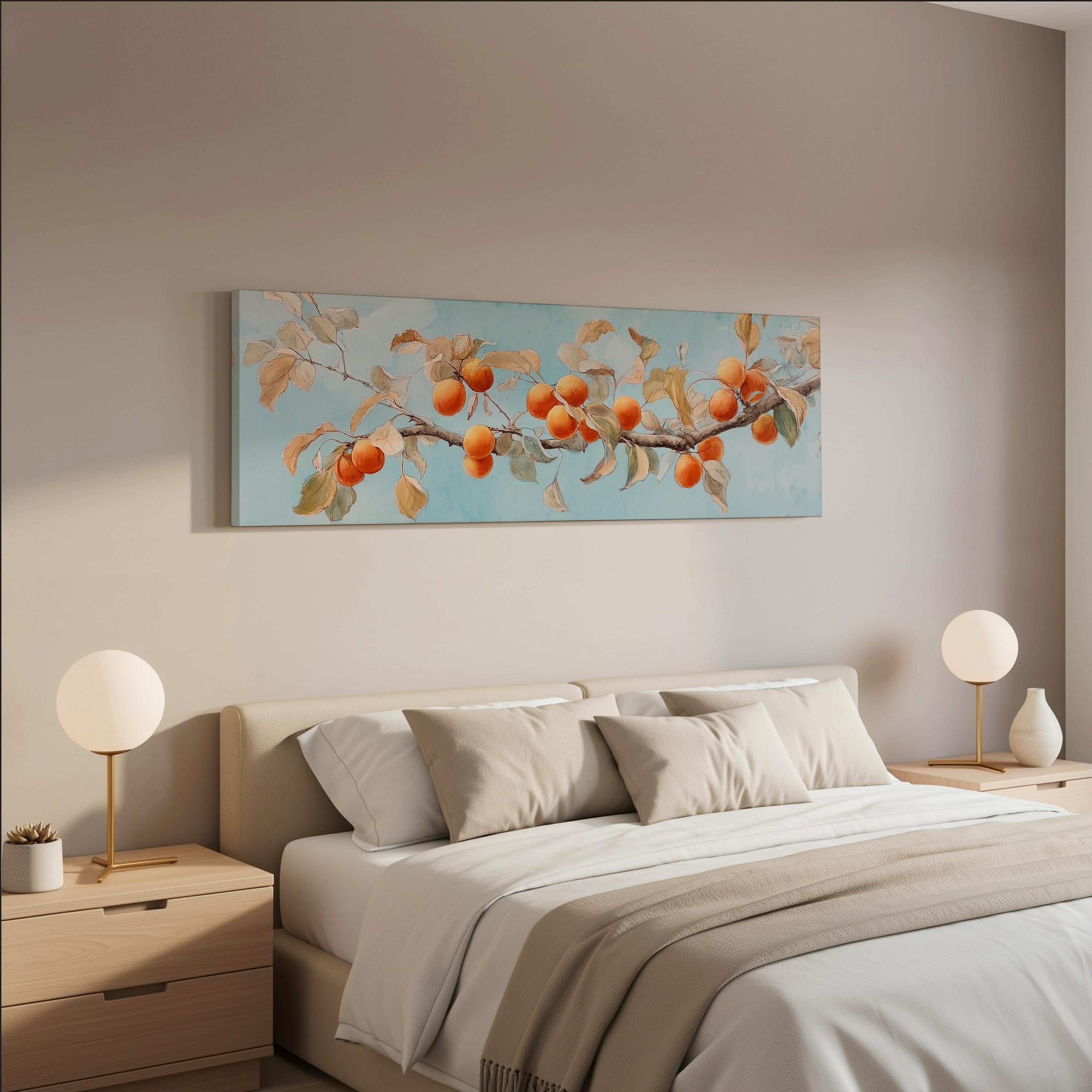 a serene bedroom scene with a large bed adorned with white linens and beige pillows. Above the bed, a large painting of a branch with orange fruits is displayed on the wall. The room is decorated with two white lamps on nightstands, and the overall color scheme is predominantly neutral, creating a calm and relaxing atmosphere.