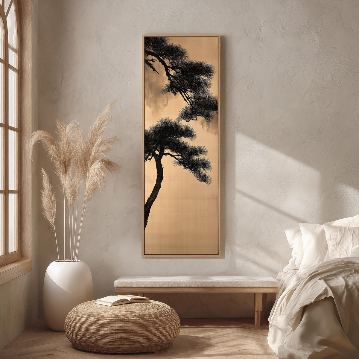 Pine branch silhouette on gold long vertical canvas print in a bright reading corner