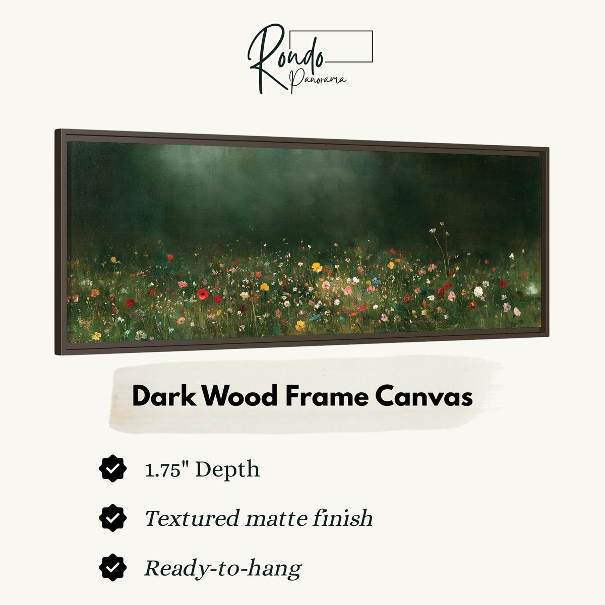 Wildflower meadow at the edge of a dark forest canvas print in a dark wood floating frame