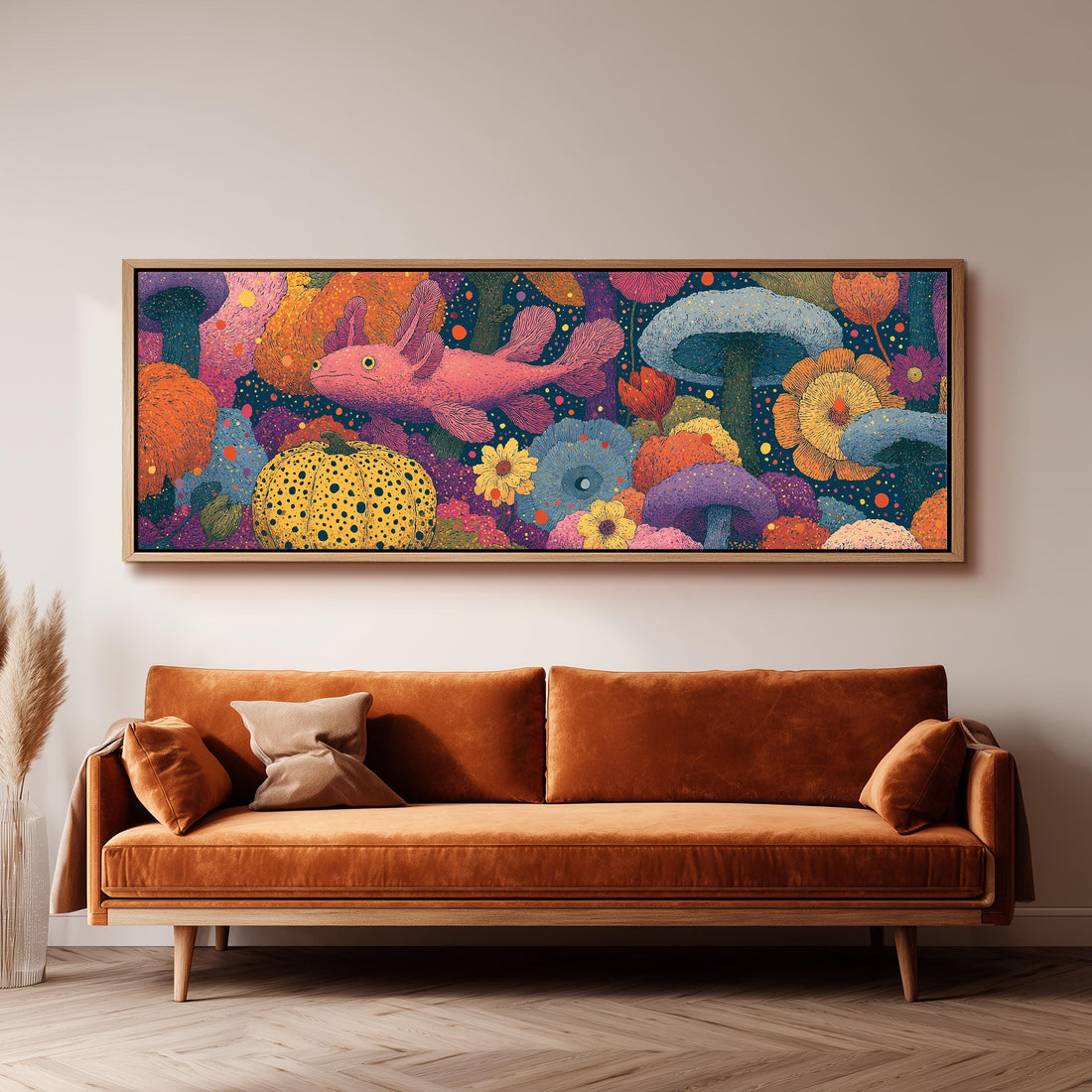 Fantasy mushrooms with a pink creature long horizontal canvas print above a sofa in a living room