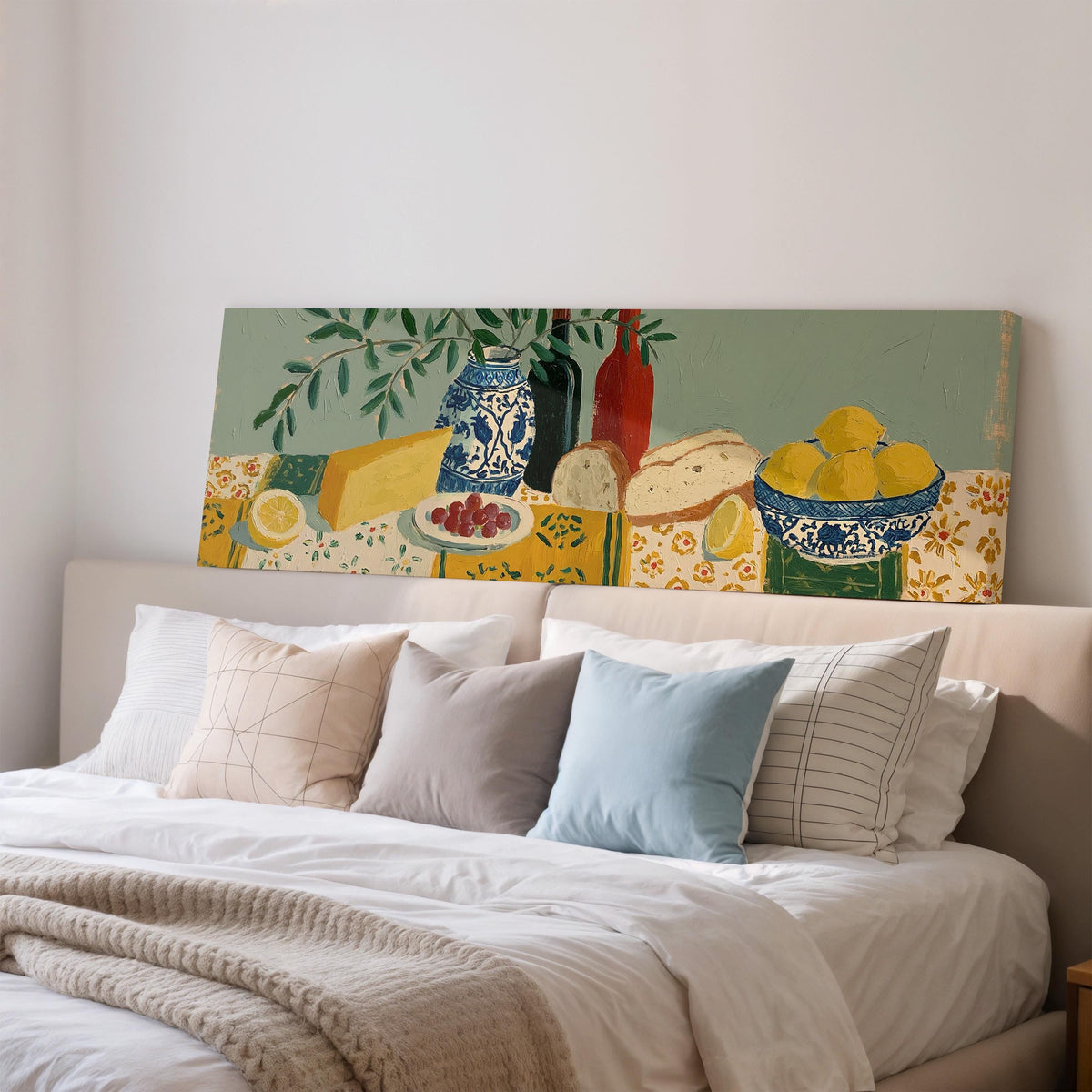 Cheese, wine and lemon spread wide panoramic canvas print above a bed in a bedroom