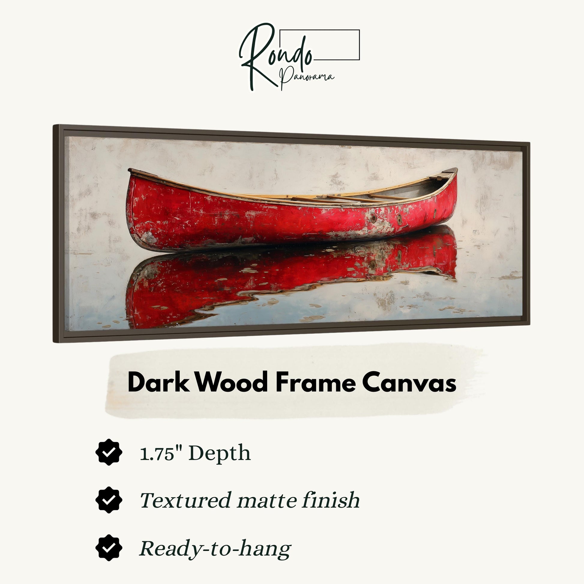 a red canoe on a reflective surface, with a dark wood frame canvas hanging above it.