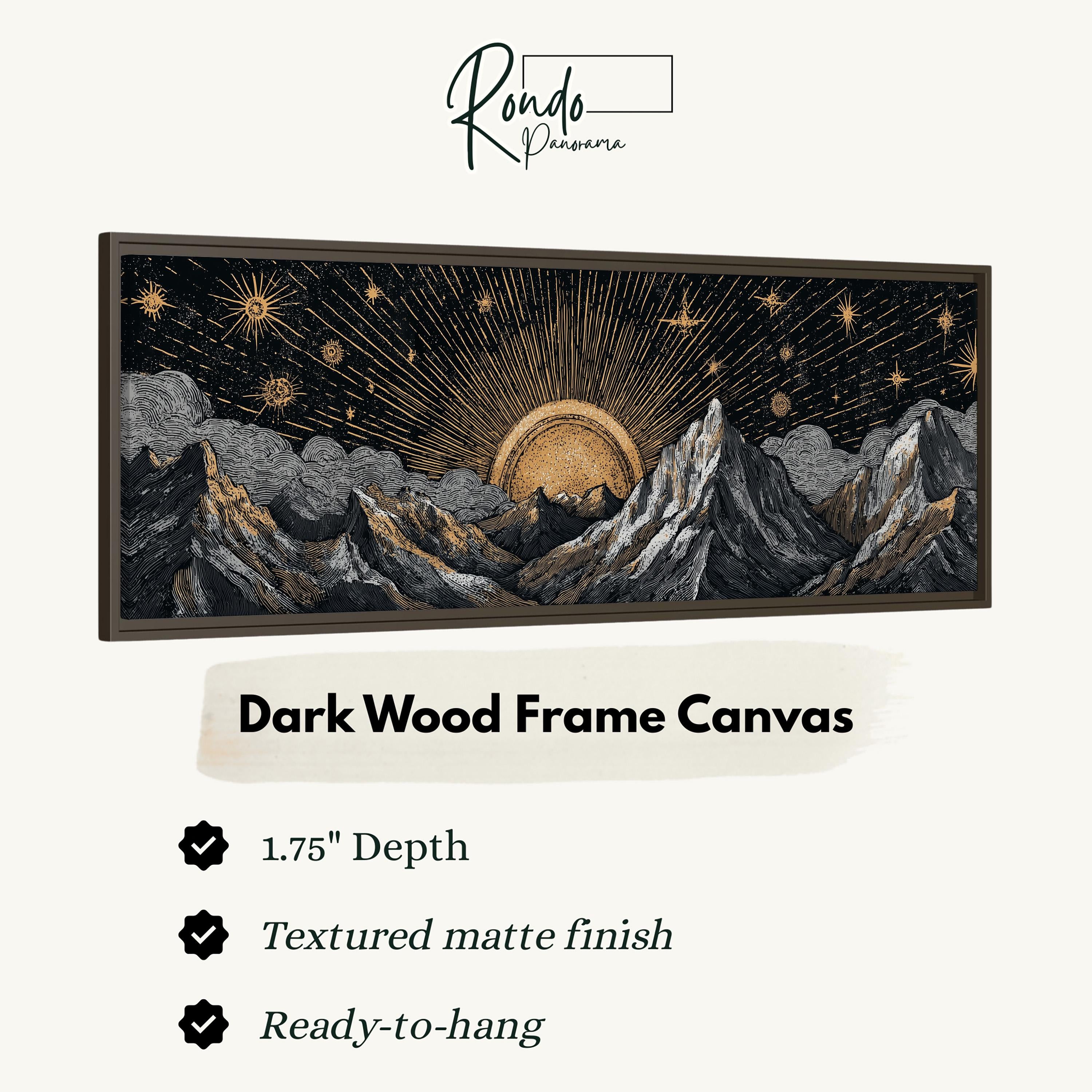 The image is a dark wood frame canvas depicting a mountainous landscape with a sun and stars in the sky.