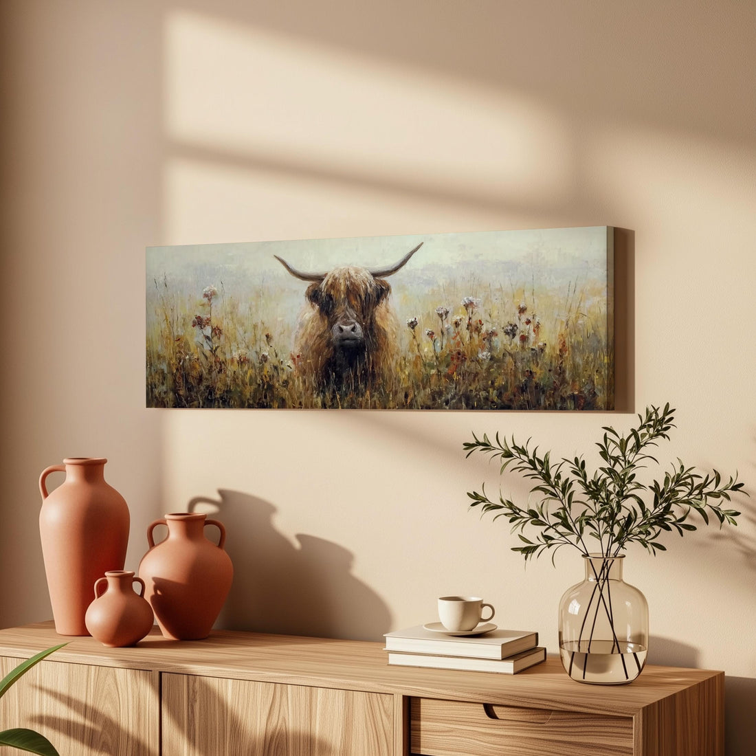 a wooden cabinet with a vase, a stack of books, and a painting of a bull in a field.