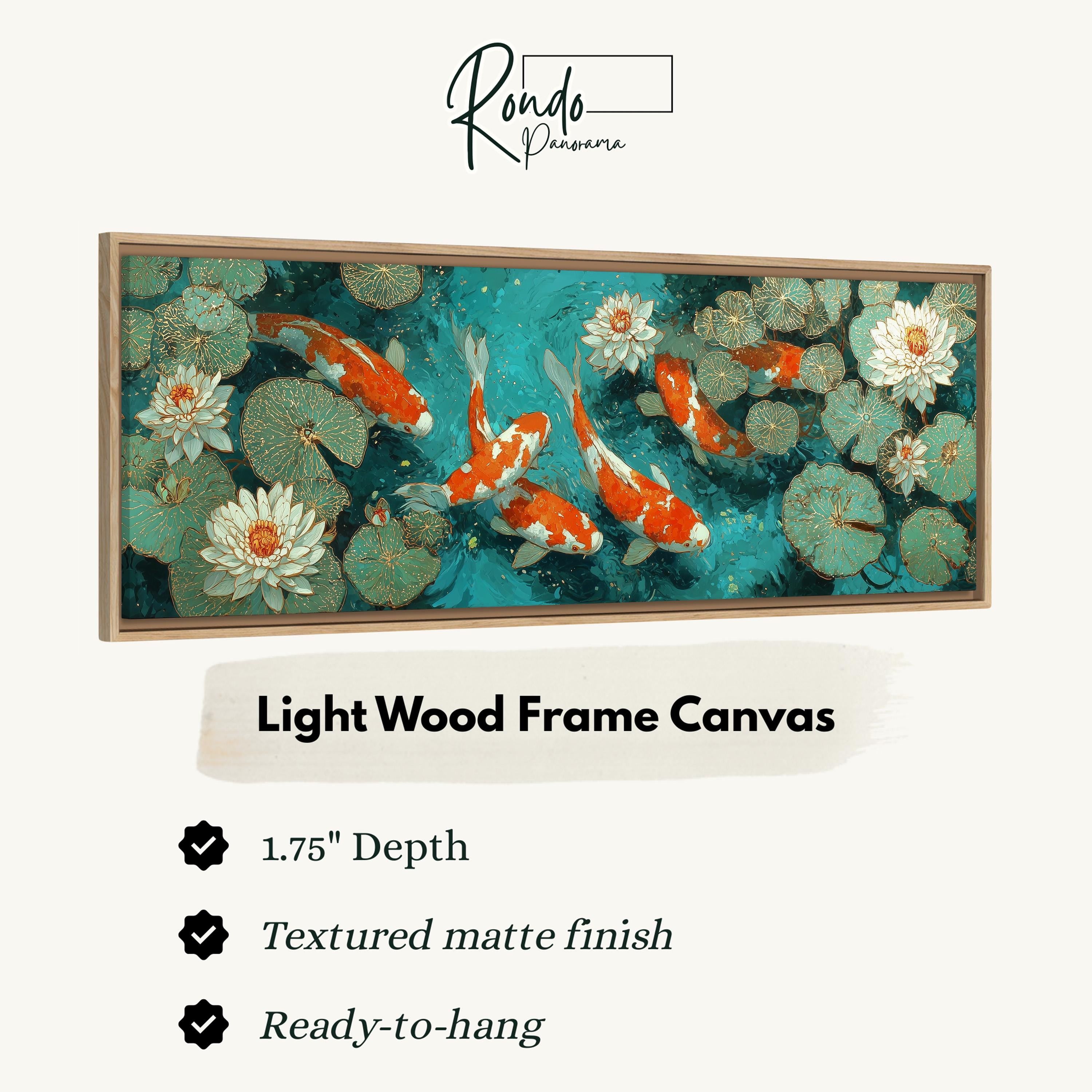 The image is a framed canvas depicting a serene scene of koi fish swimming in a pond with lily pads and water lilies.