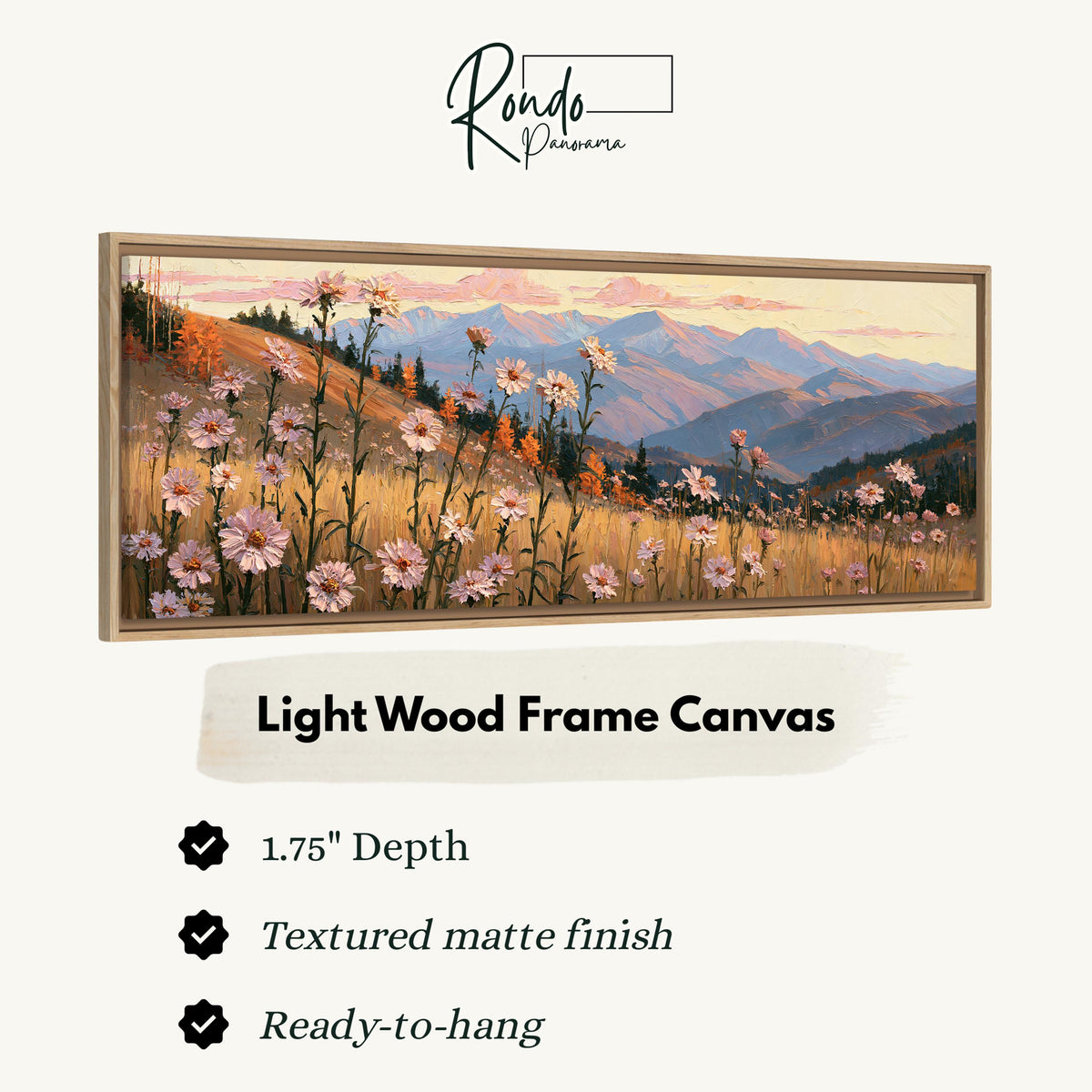 Wildflower meadow with mountains canvas print in a light wood floating frame